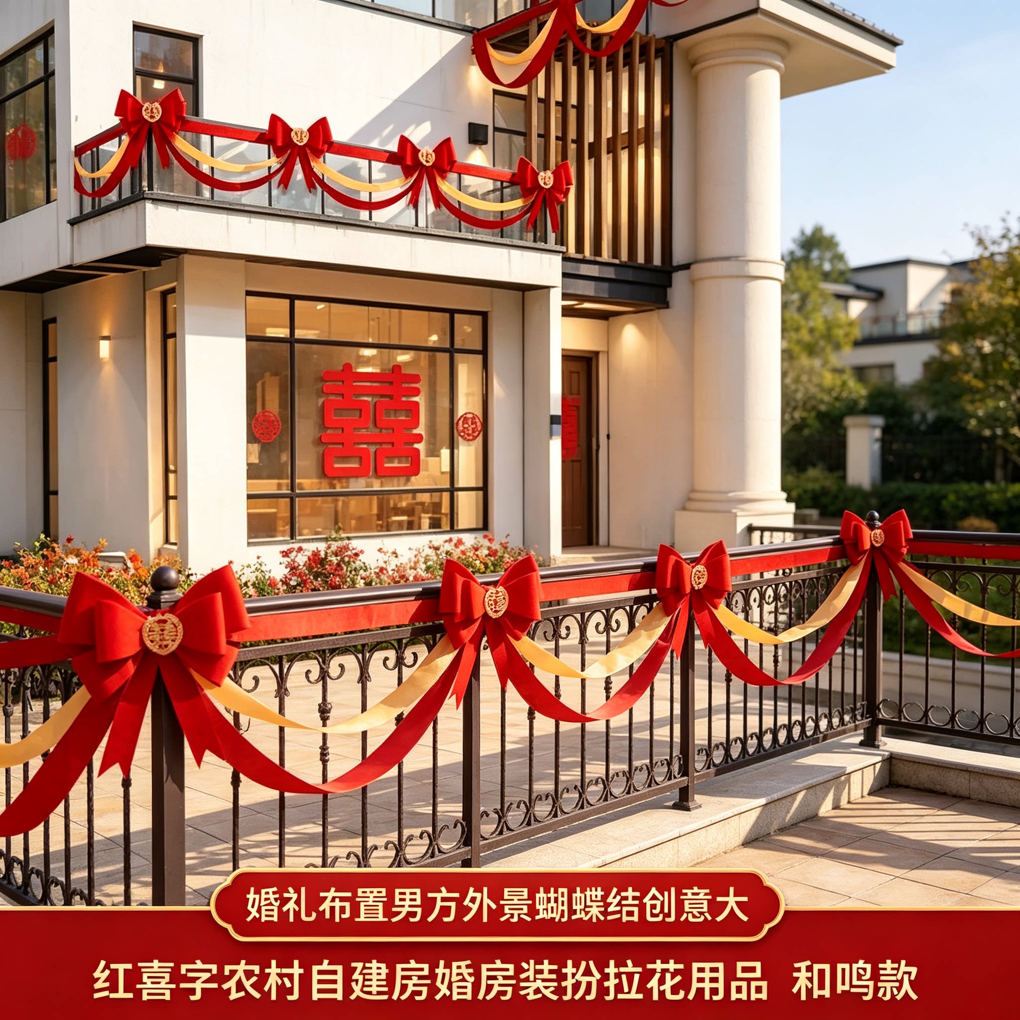 婚礼布置男方外景蝴蝶结创意大红喜字农村自建房婚房装扮拉花用品