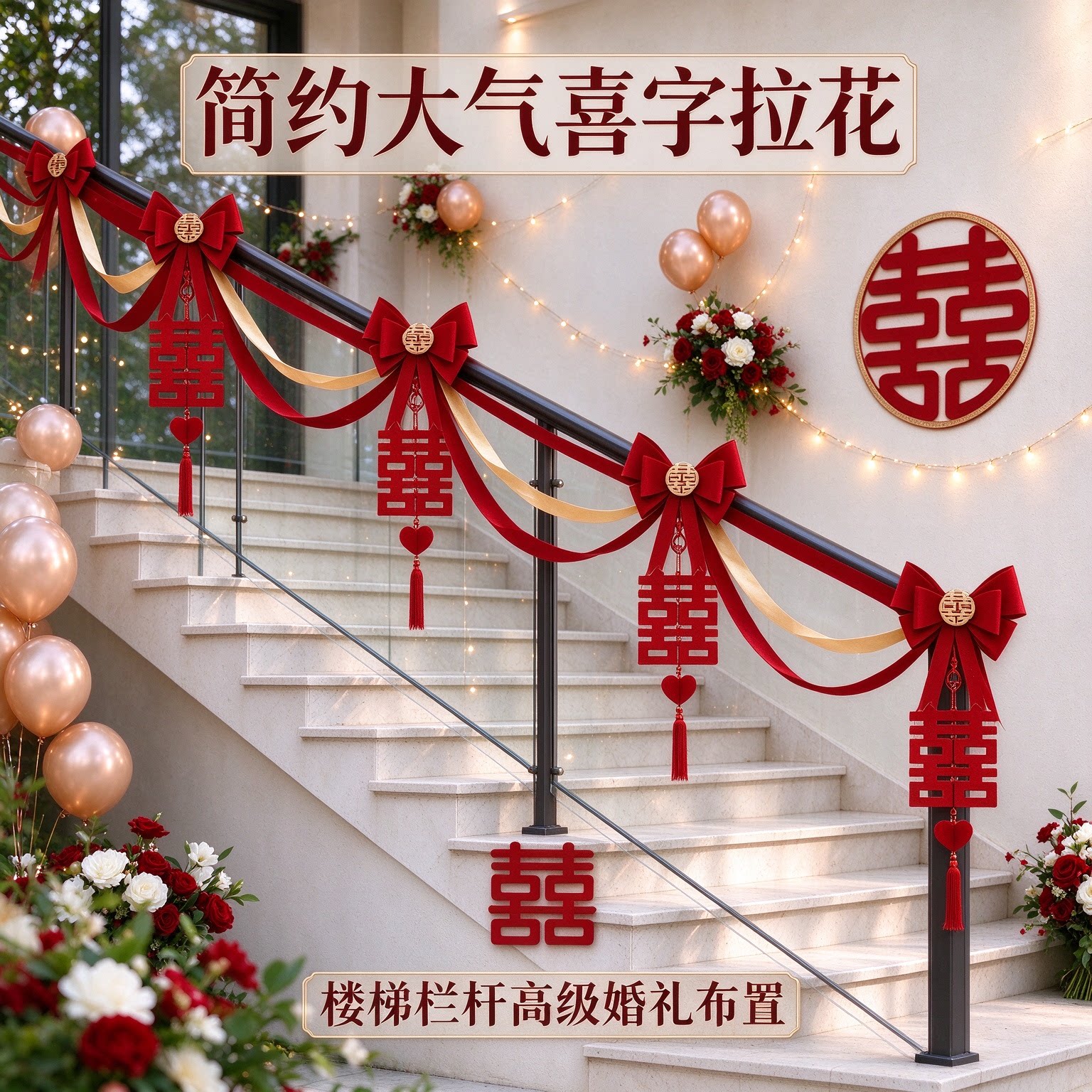 喜字拉花女方大门口简约大气蝴蝶结卧室床头婚庆装饰婚礼布置用品