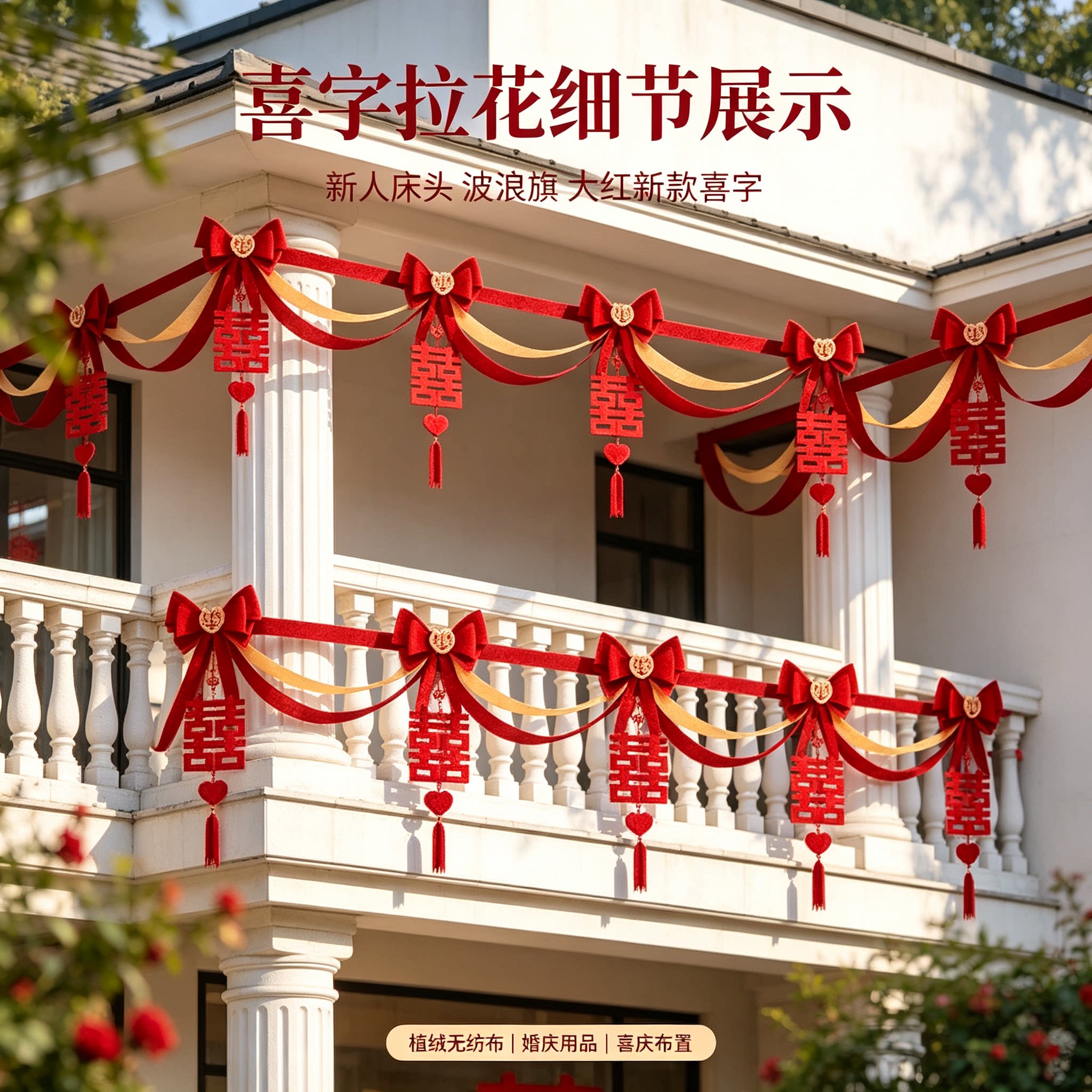 拉花彩带新人床头波浪旗大红新款喜字客厅背景墙婚礼装扮布置用品