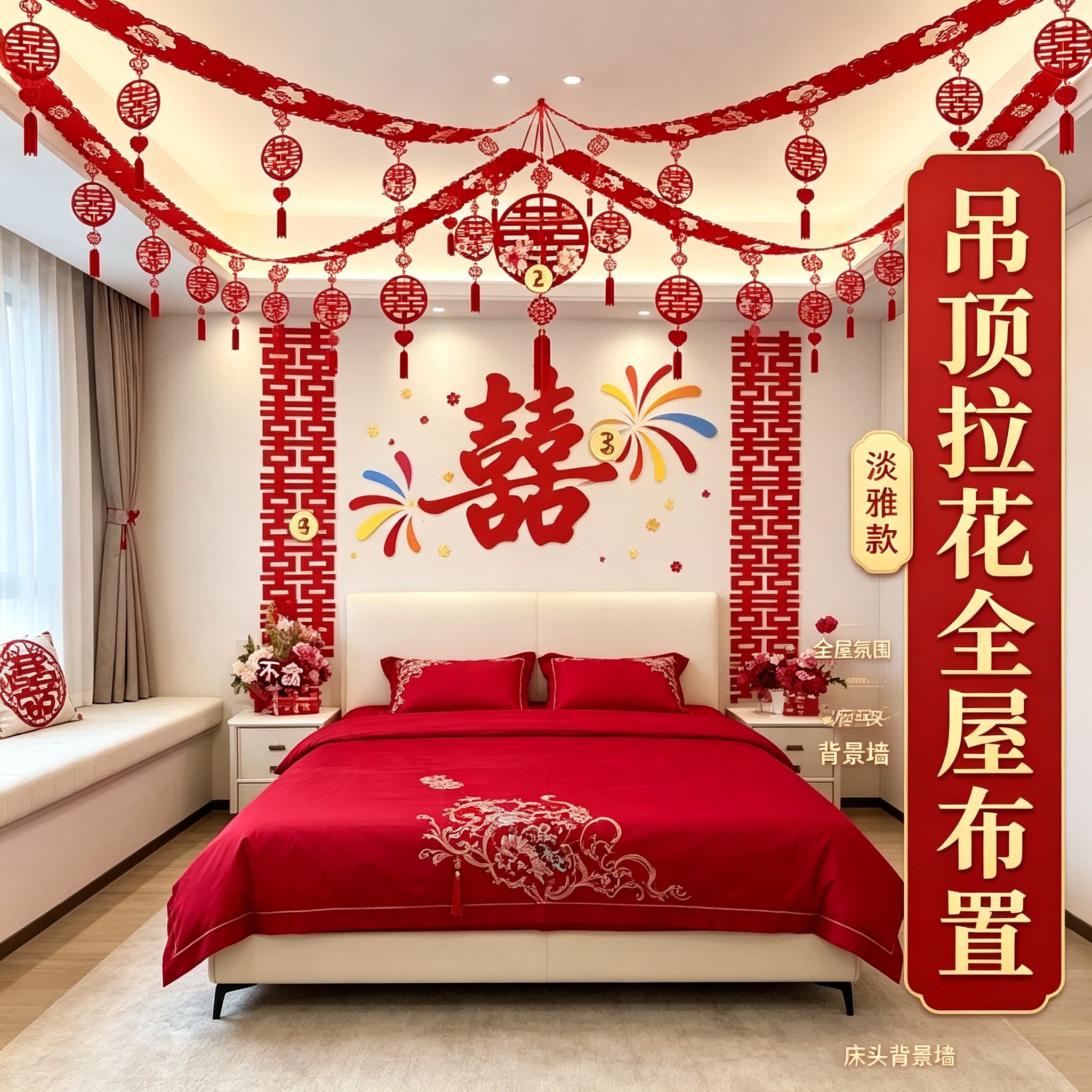 吊顶拉花全屋布置结婚礼卧室床头喜字男女方婚房背景墙