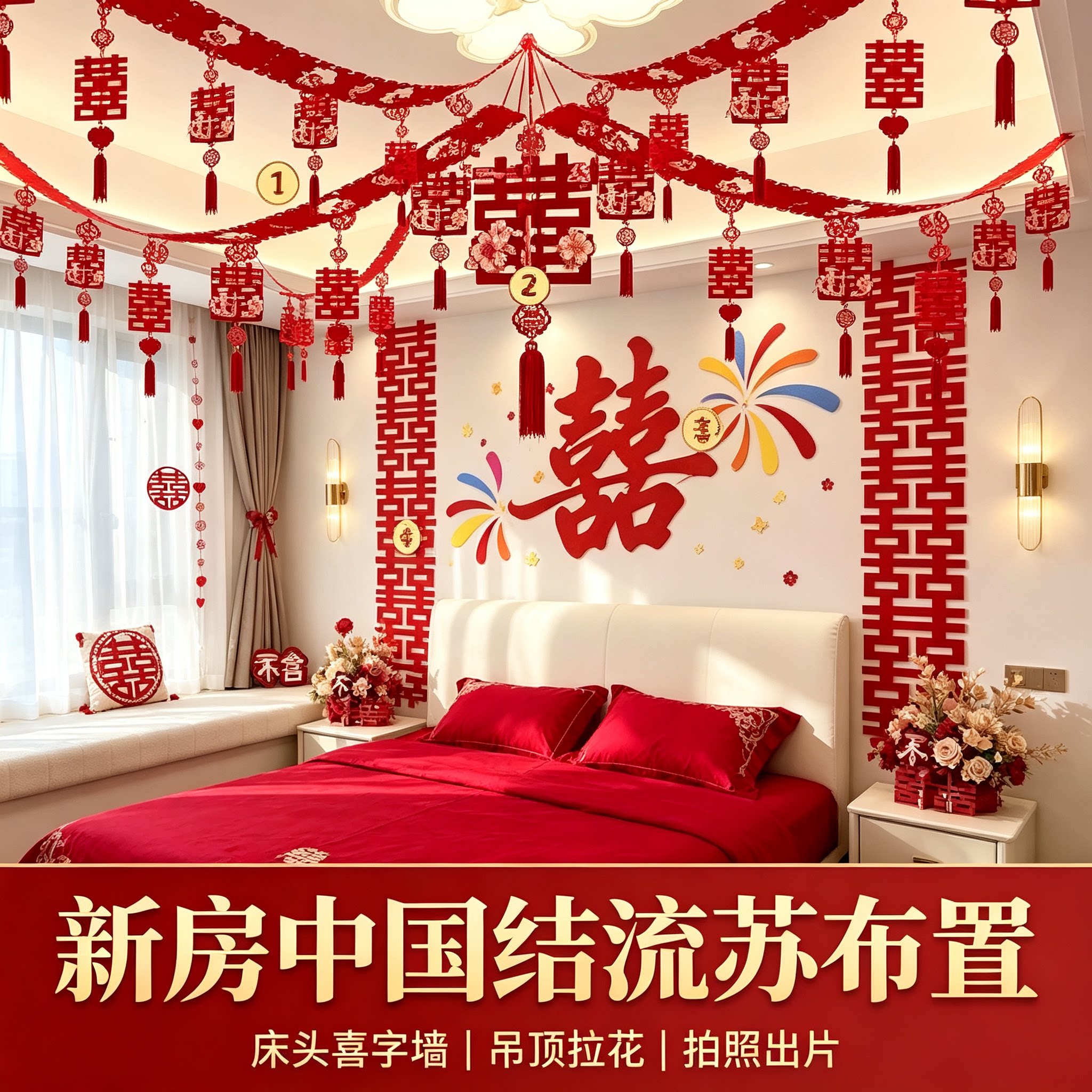 吊顶拉花结婚礼卧室床头喜字背景墙中国结男女方婚房流苏
