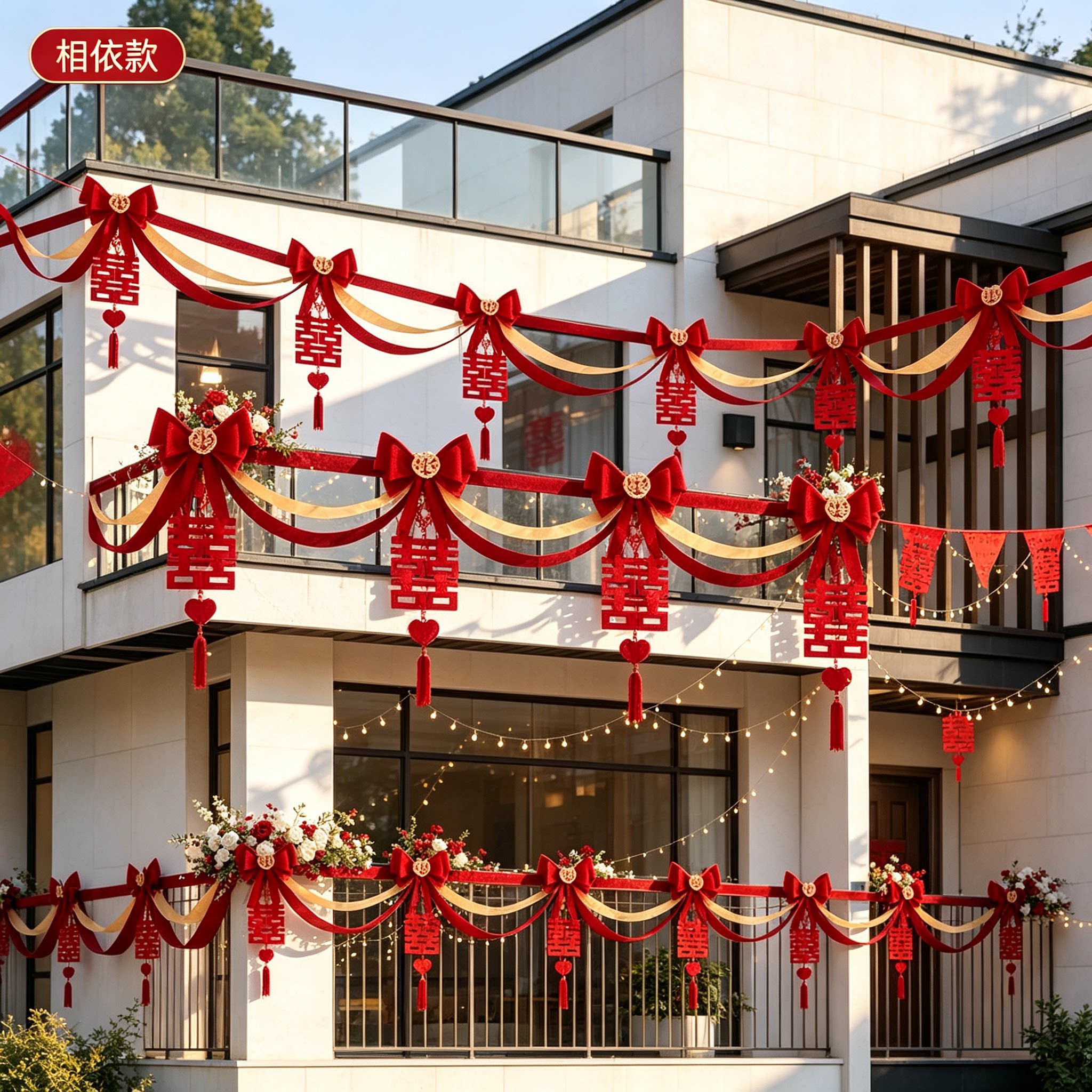 婚房布置娘家自建房拉花高级感红色喜庆楼梯扶手婚礼装扮装饰用品