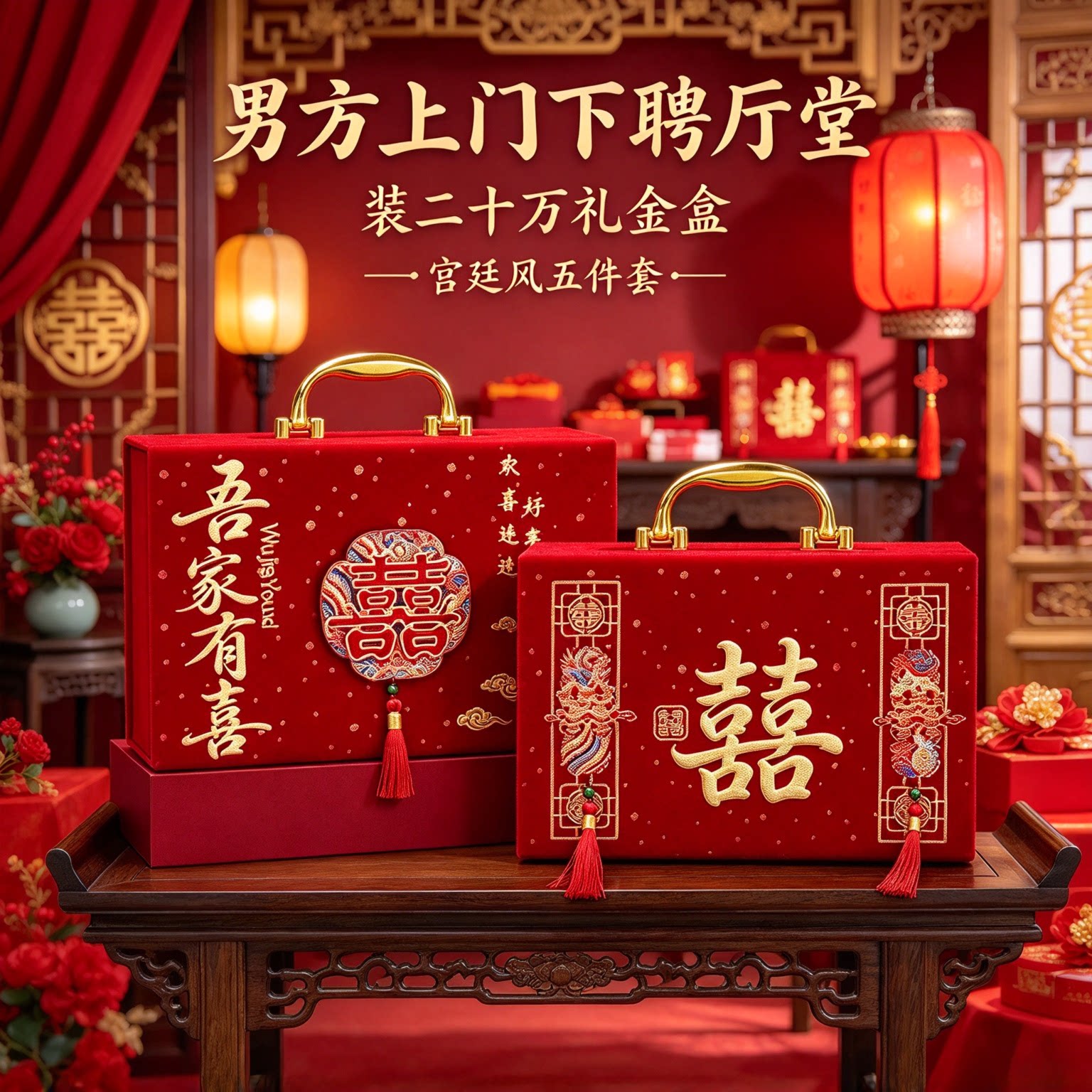 礼金盒订婚专用装二十万宫廷风五件套男方上门下聘红色高档钱盒子