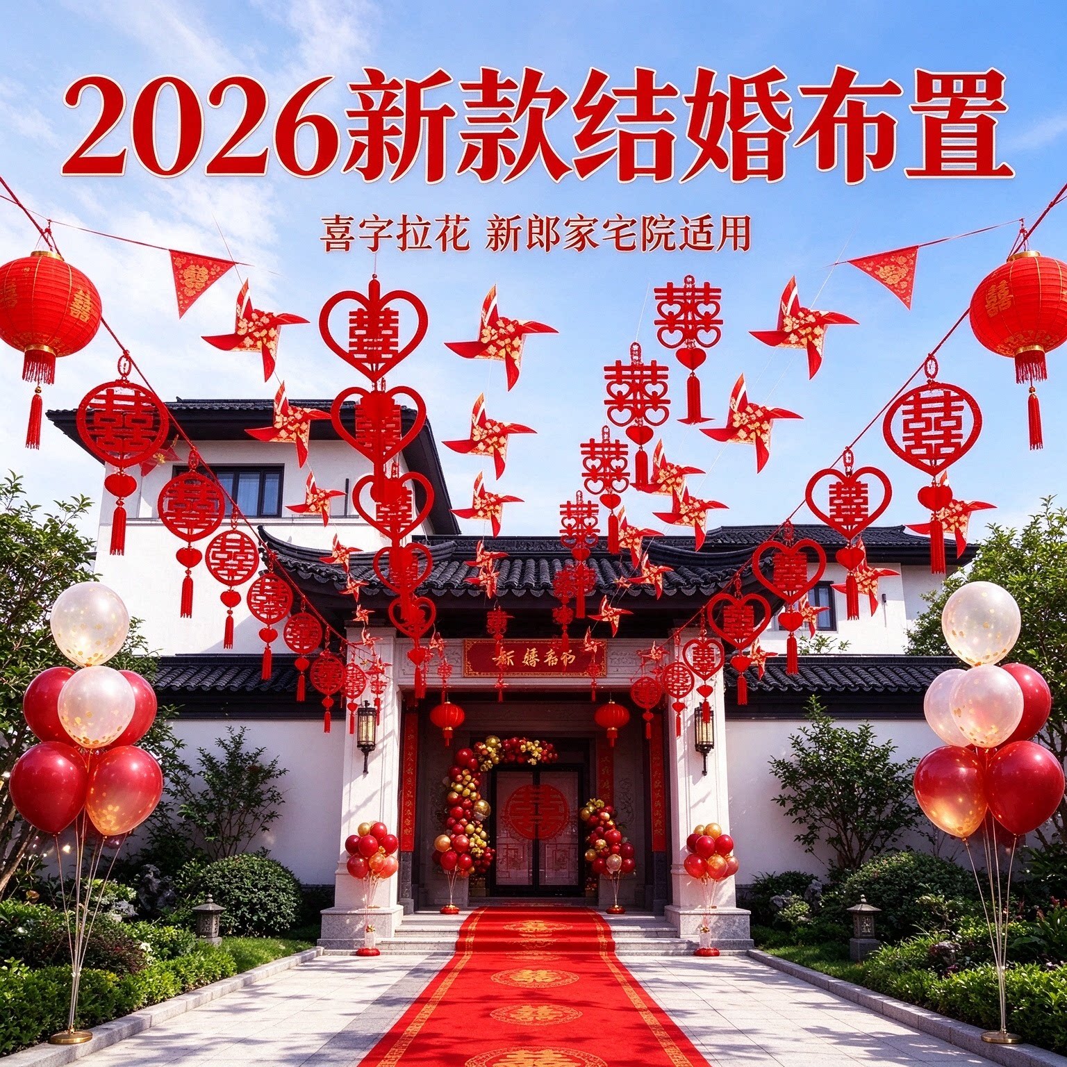 喜字拉花装饰新郎家宅院彩旗灯笼风车2026新款结婚布置用品大全