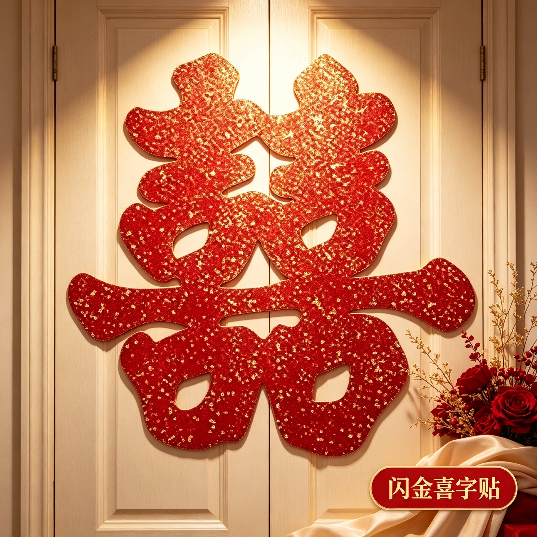 雅致红葱闪金喜字贴结婚大门玻璃窗贴婚房嫁娶高档婚庆布置礼品
