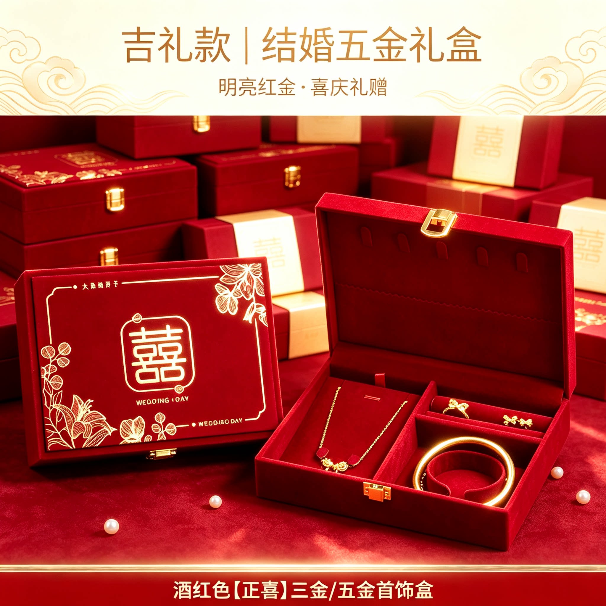 订婚黄金首饰盒金属卡扣男方金器结婚彩礼钱盒子酒红婚礼五金盒