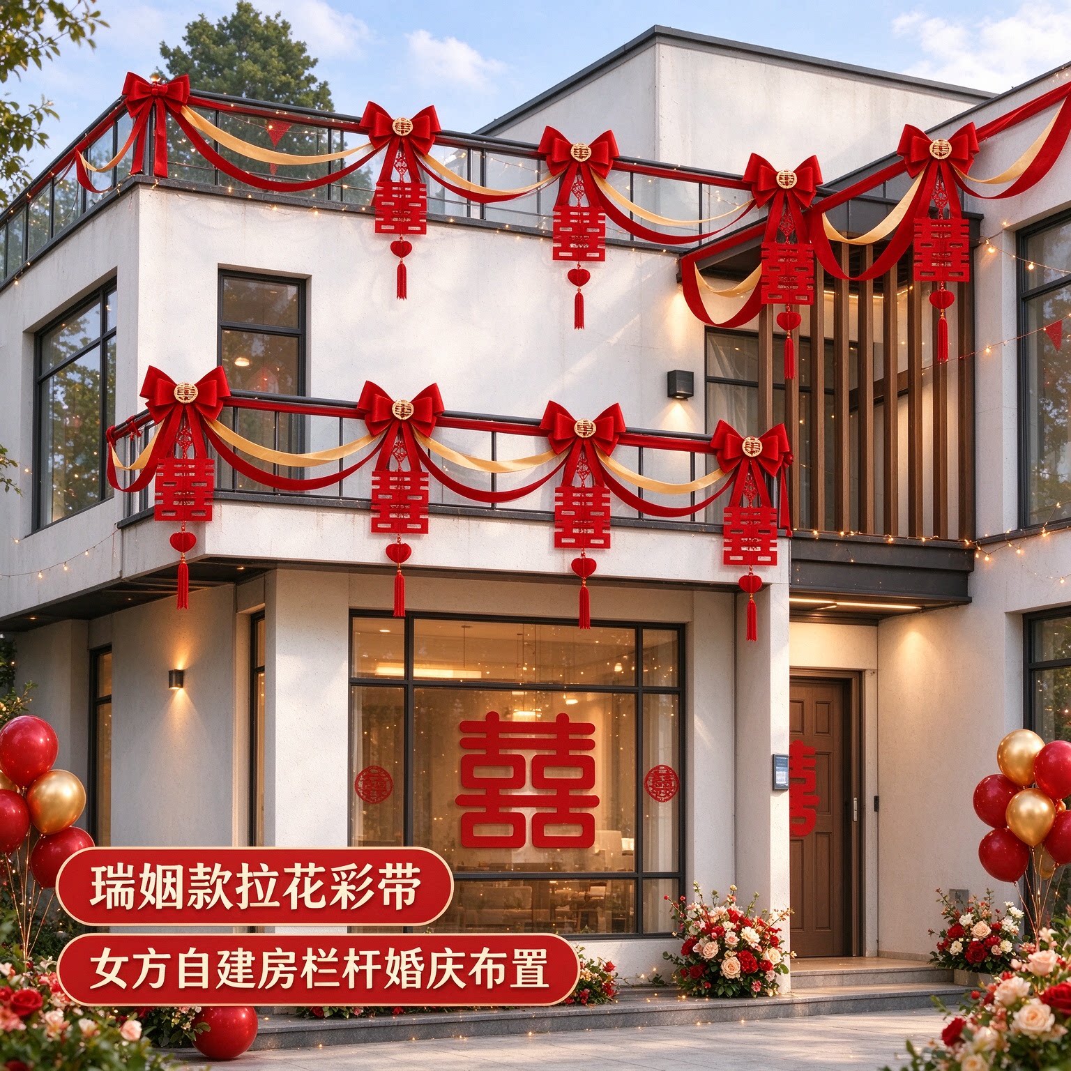 拉花彩带女方自建房喜字中式彩旗沙发背景墙婚庆装饰婚礼布置用品