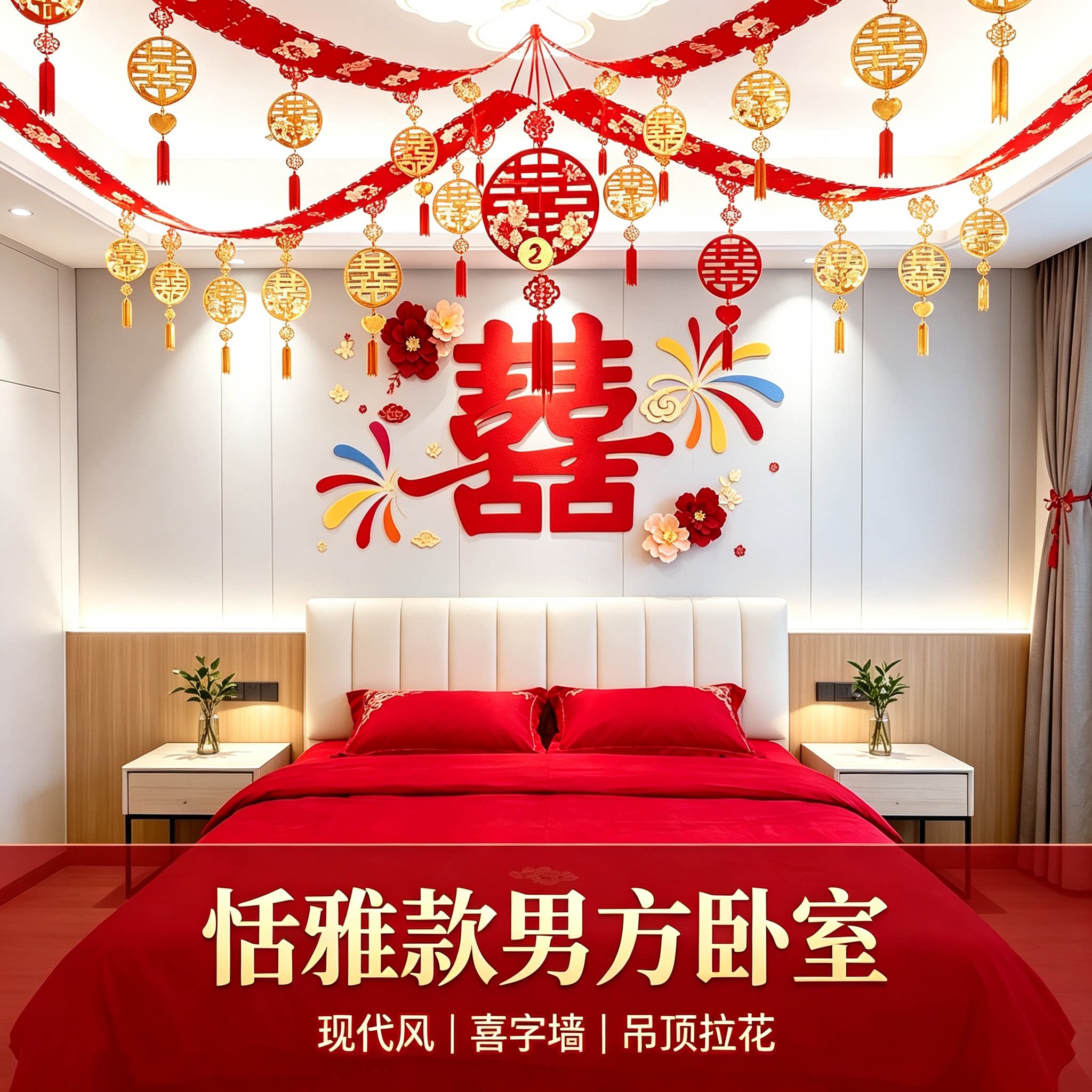 结婚礼床头加吊顶卧室喜字背景墙男女方婚房氛围感布置装饰套装
