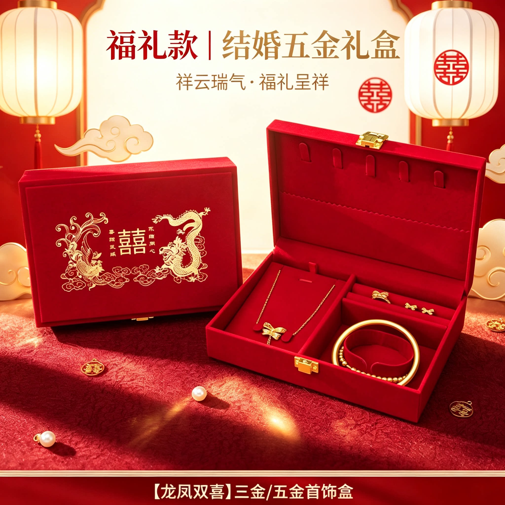 结婚黄金首饰盒加厚植绒男方金器订婚彩礼钱盒子酒红婚礼五金盒