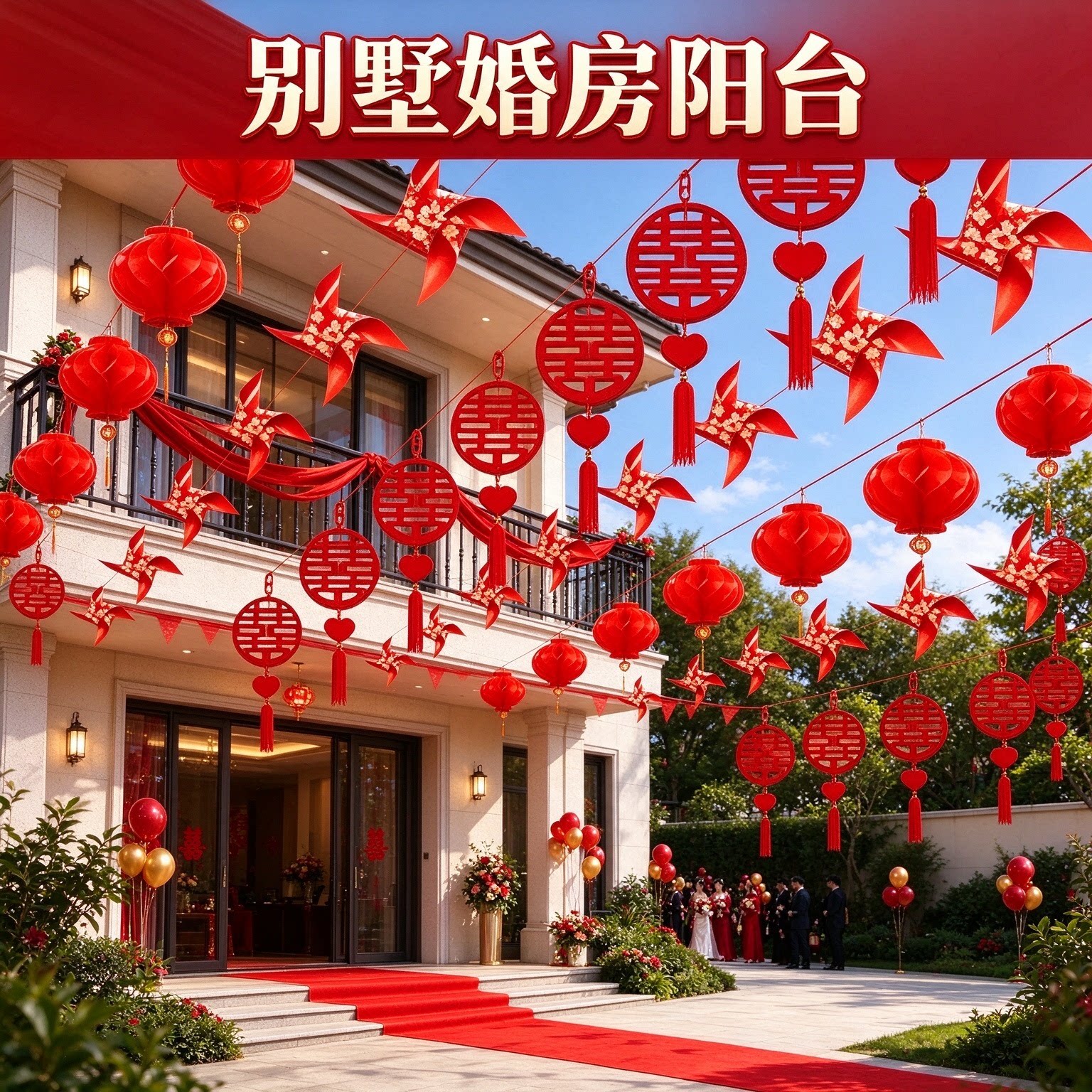 结婚彩带拉花新娘家别墅彩旗灯笼风车喜庆大红婚房婚礼布置装饰