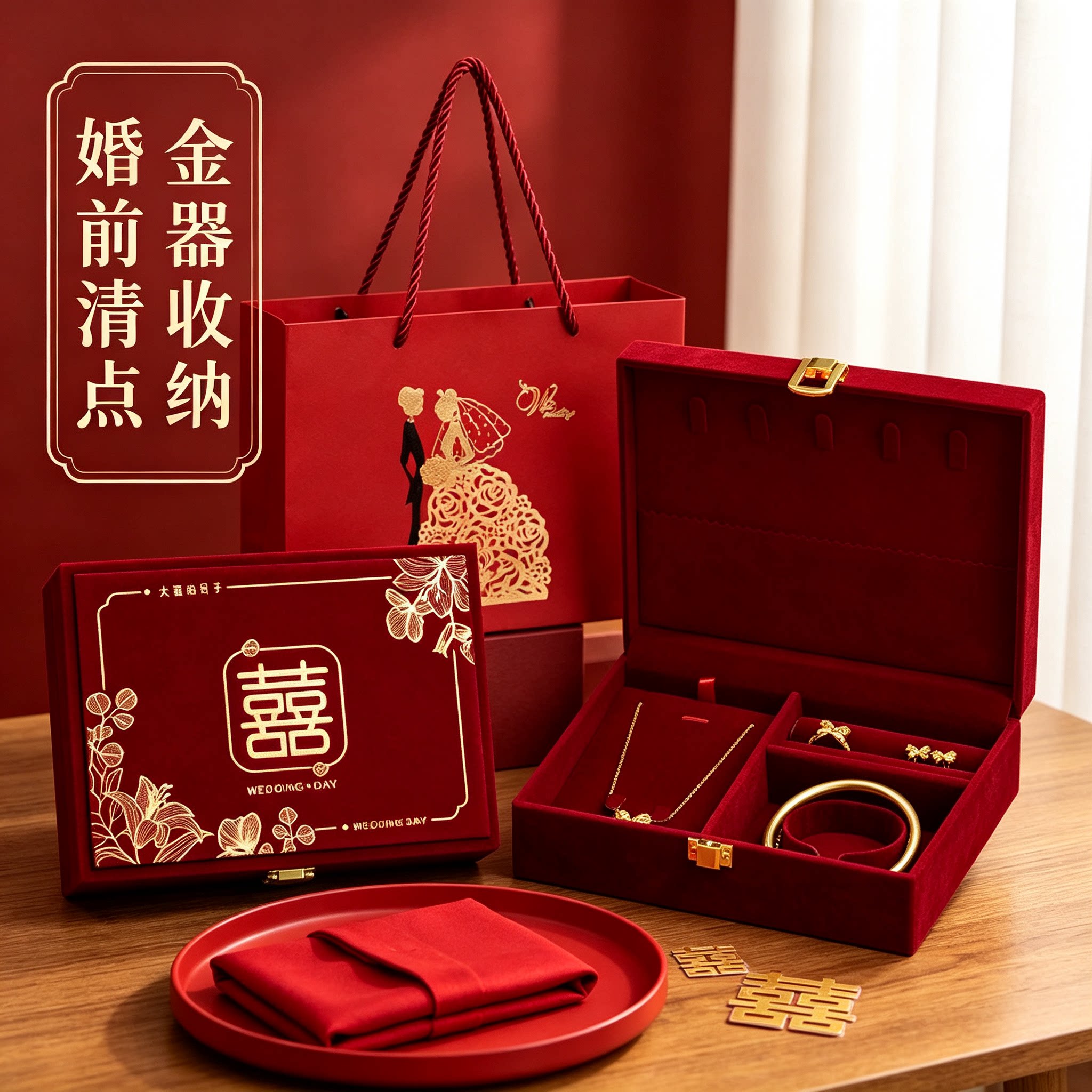 男方黄金首饰盒放戒指订婚金器结婚彩礼钱盒子酒红质感五金盒