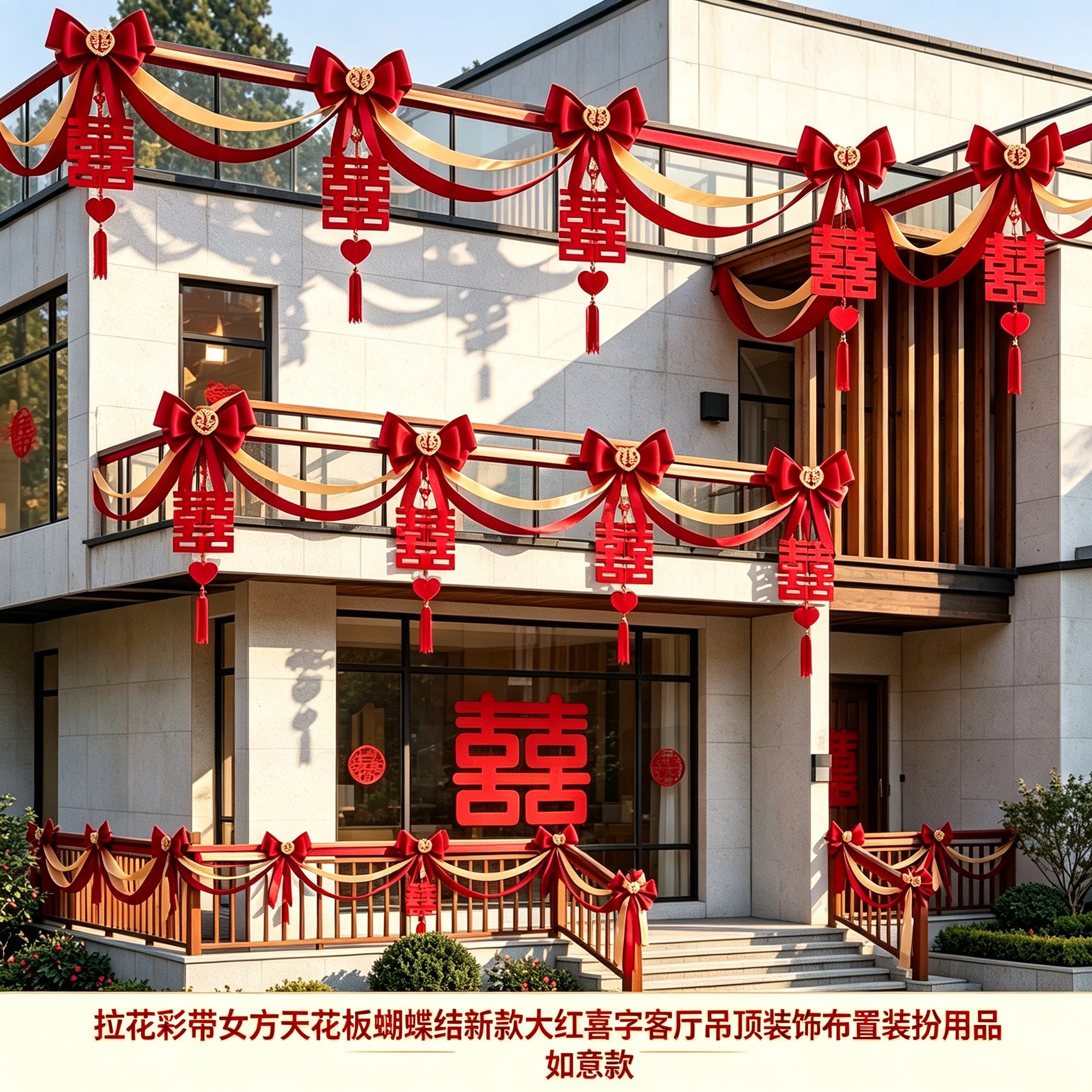 拉花彩带女方天花板蝴蝶结新款大红喜字客厅吊顶装饰布置装扮用品