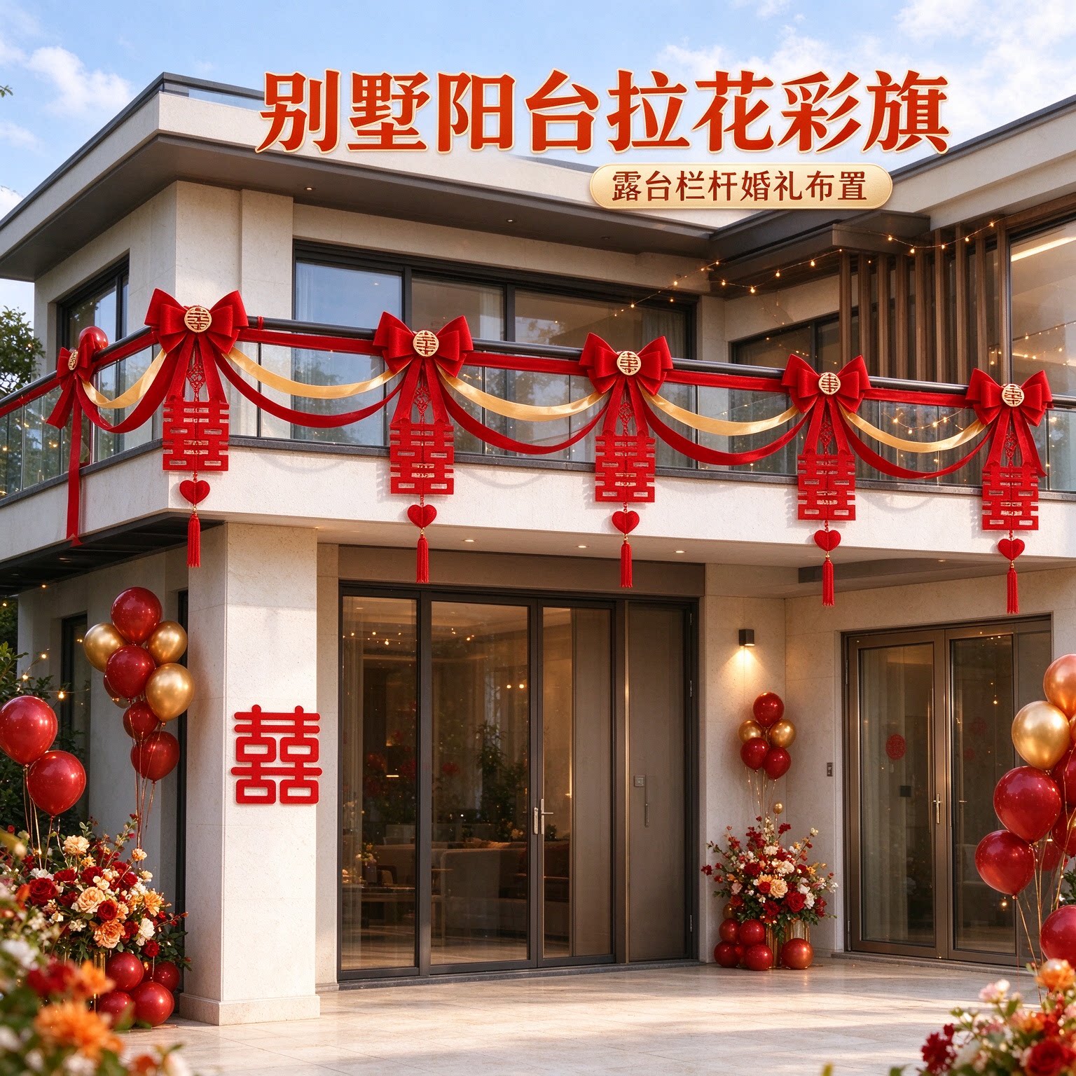 婚礼布置别墅阳台拉花2026新款彩旗沙发背景墙婚房装扮婚庆装饰品