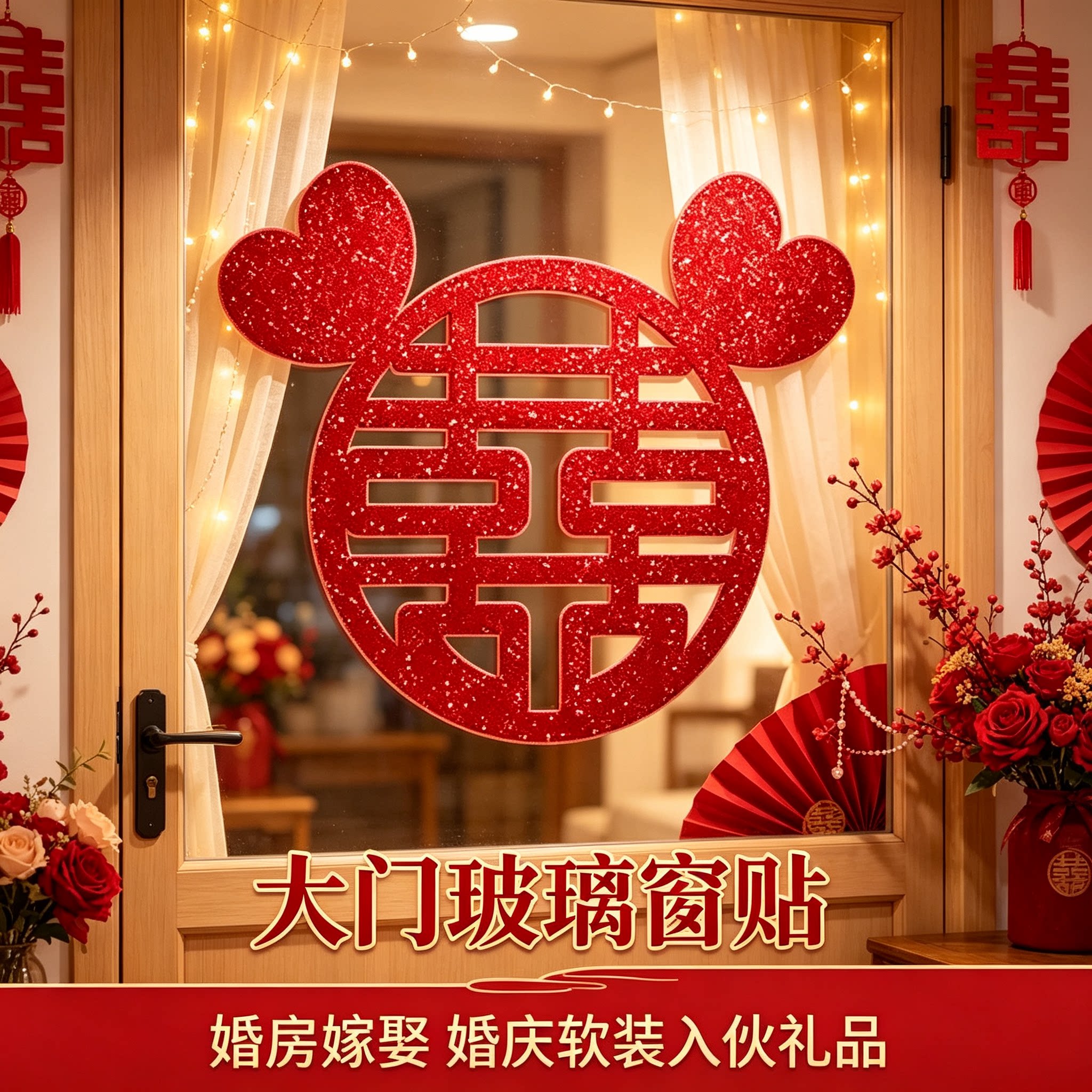 喜乐常伴闪粉喜字贴大门玻璃窗贴婚房嫁娶喜庆婚庆软装入伙礼品
