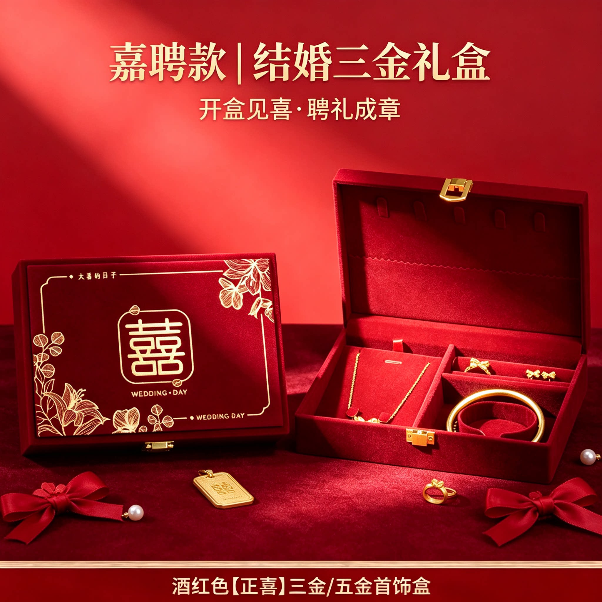 男方黄金首饰盒内衬柔软订婚金器结婚彩礼钱盒子酒红婚礼三金盒