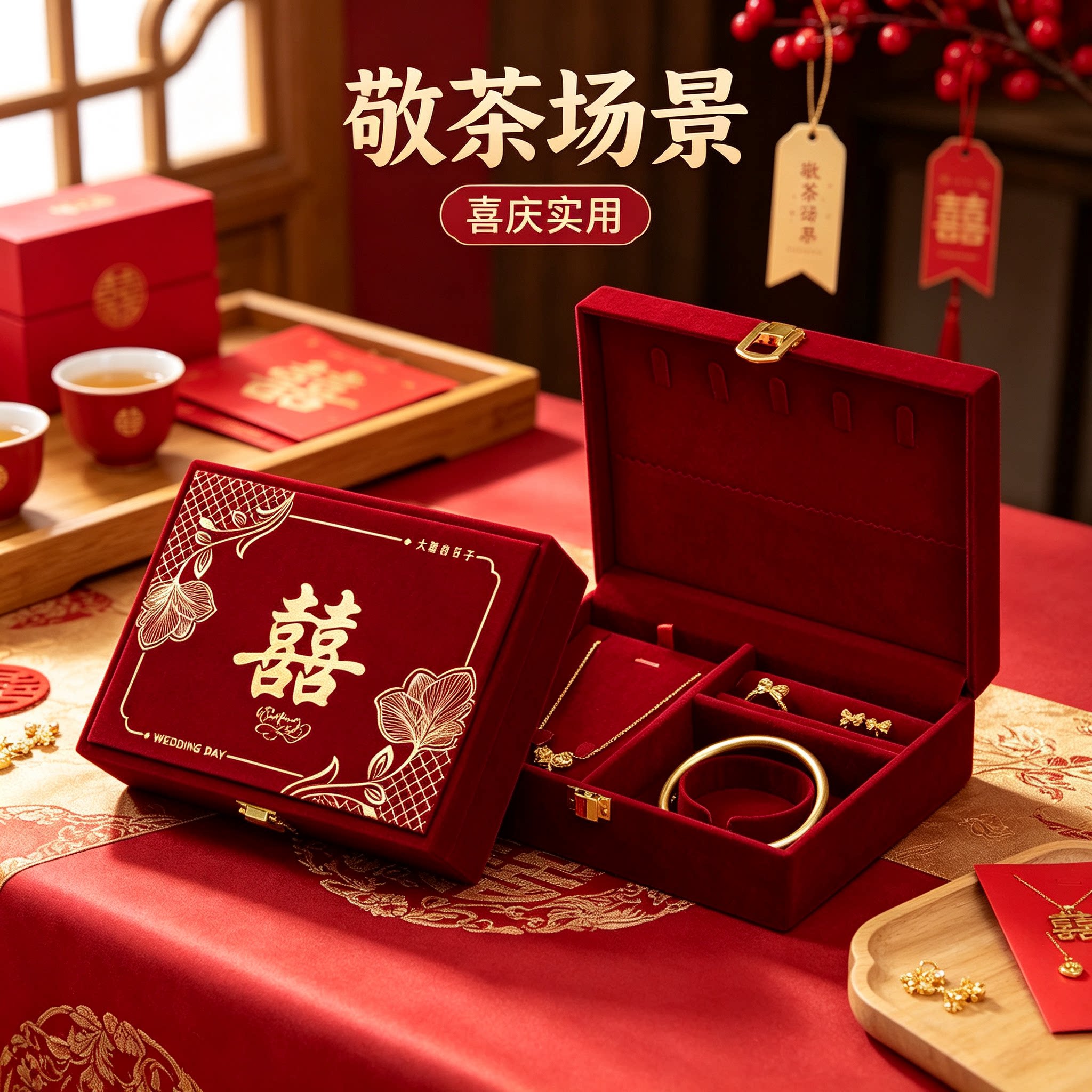 订婚提亲盒男方金器结婚彩礼钱盒子酒红质感婚礼三金五金盒