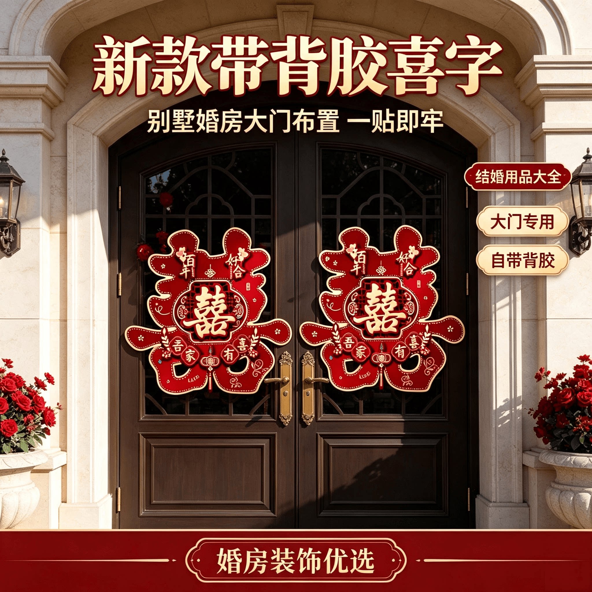 新款带背胶喜字结婚用品大全婚房