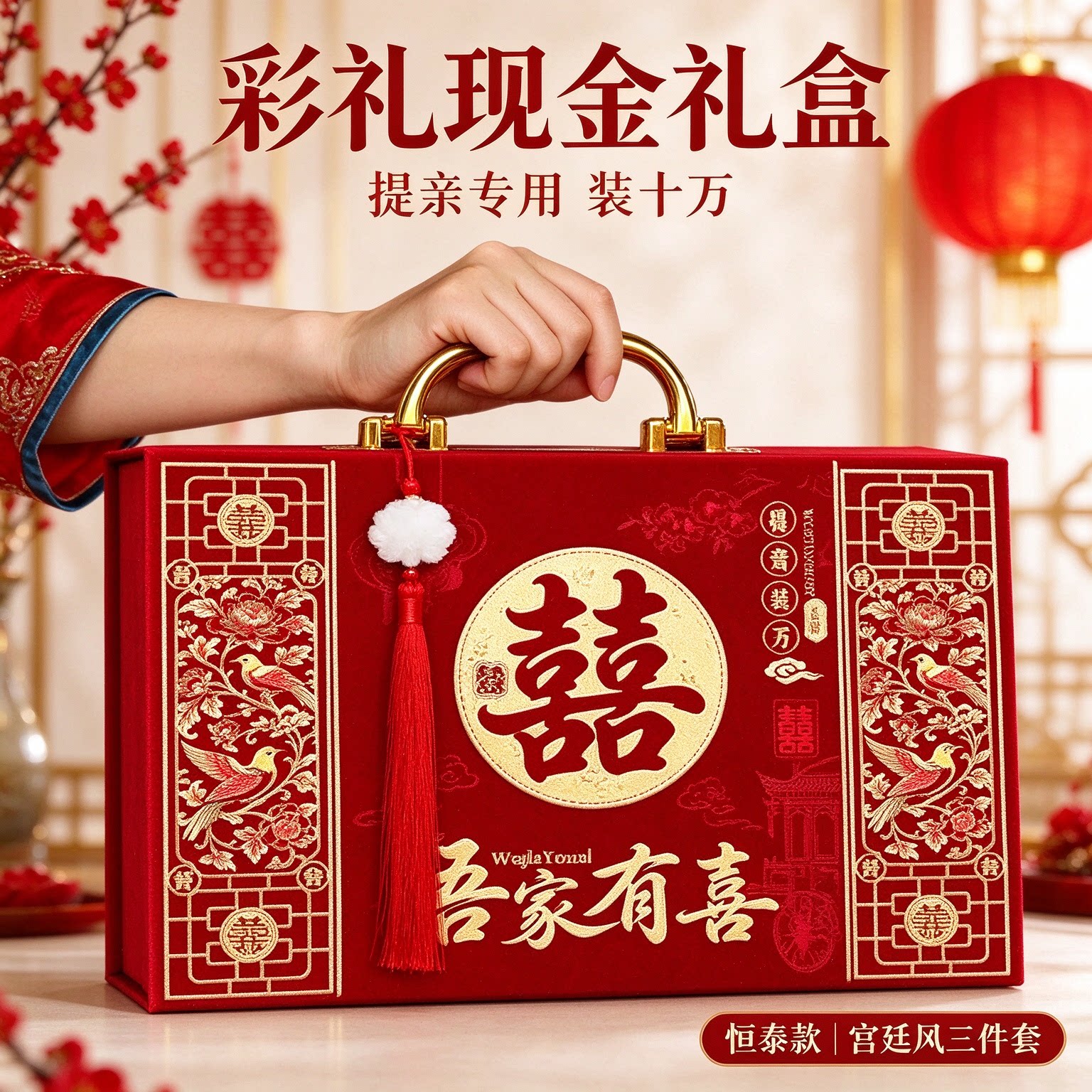 彩礼现金礼盒提亲专用装十万宫廷风三件套订婚仪式红色高档礼品盒