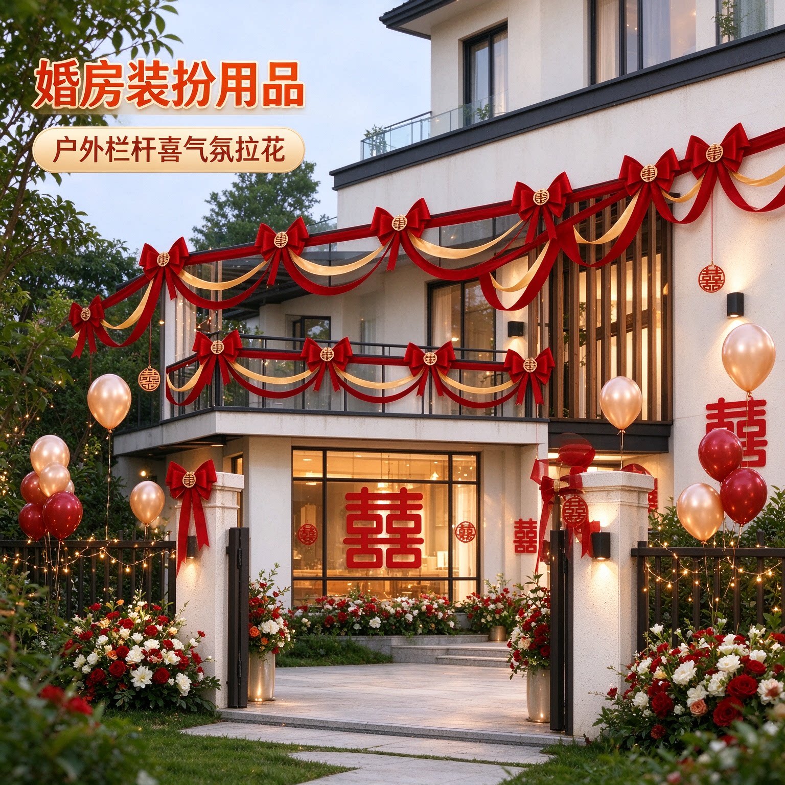 婚房拉花新人走廊蝴蝶结新款大红喜字沙发背景墙婚礼装扮布置用品