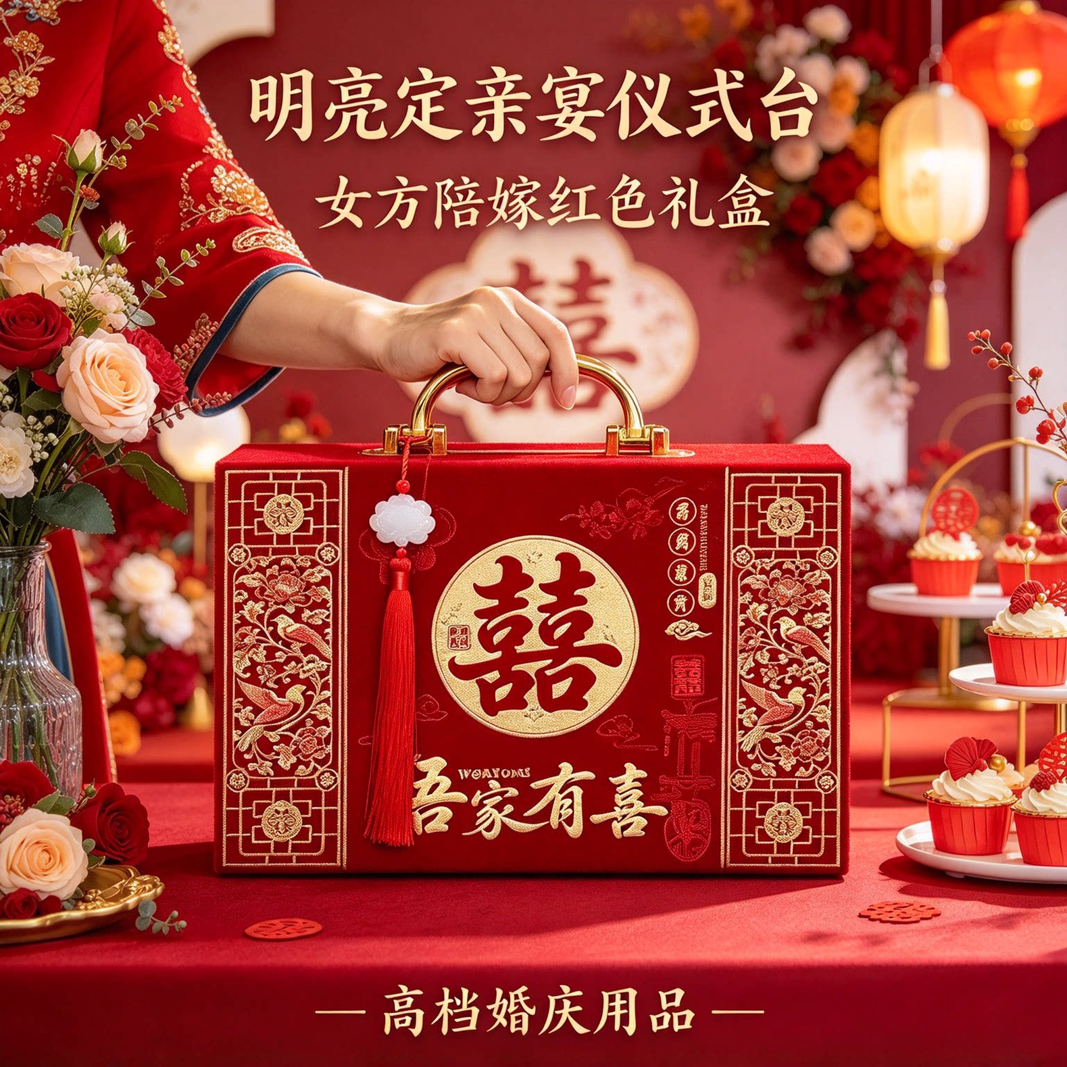 结婚彩礼箱礼金盒装二十万刺绣烫金五件套女方陪嫁红色高档礼品盒