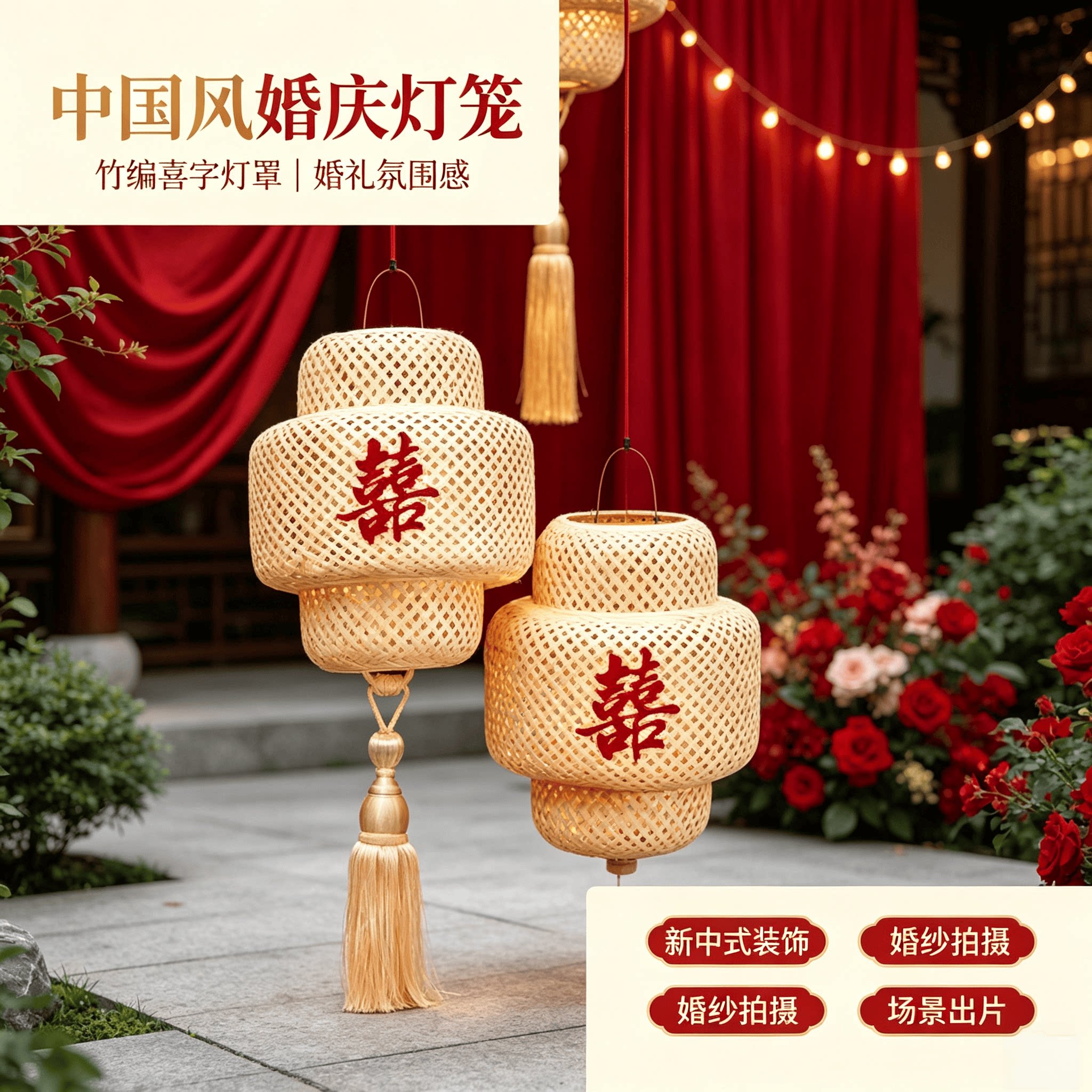婚庆中国风灯笼禅意喜字竹编灯笼