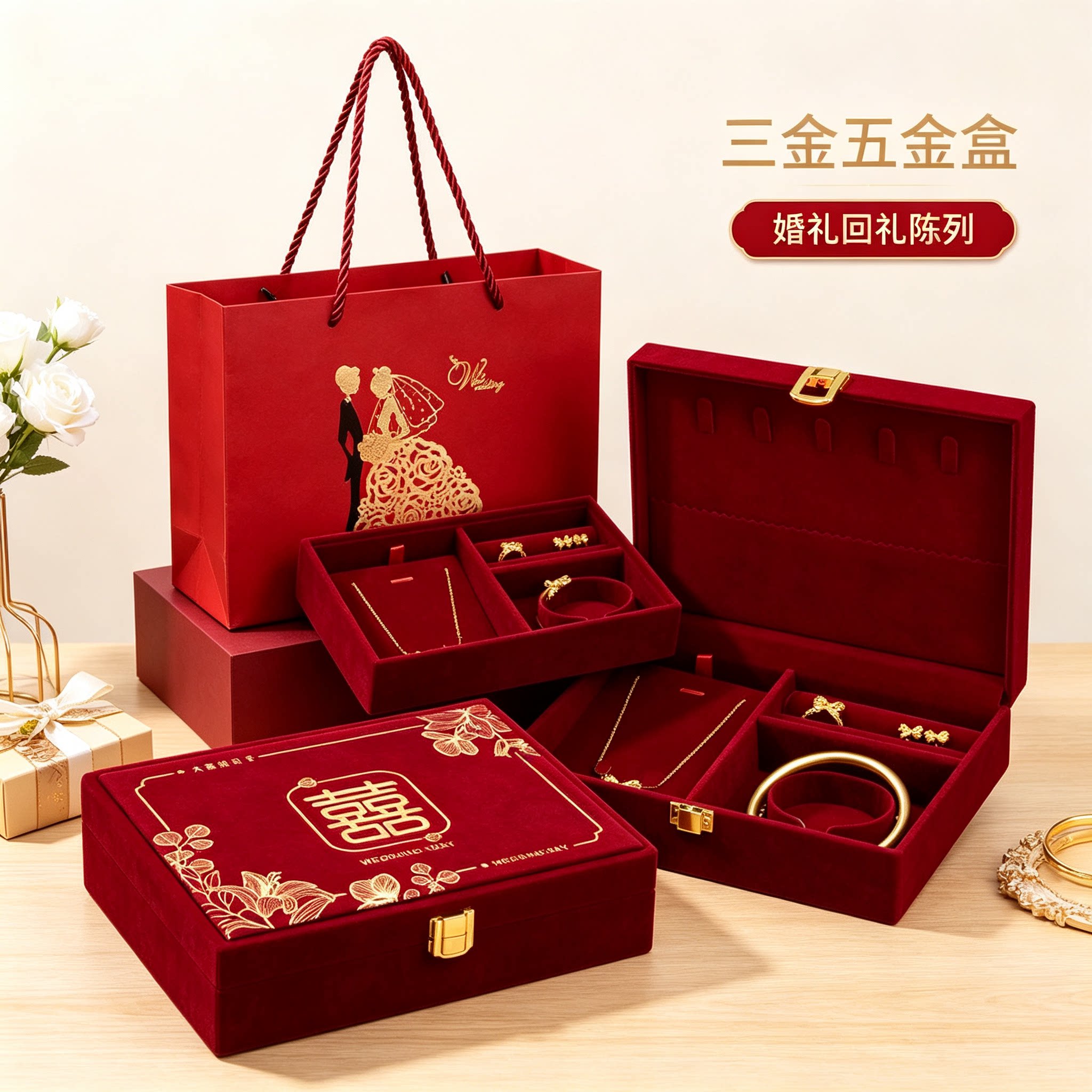 婚礼彩礼盒男方金器订婚结婚黄金首饰盒子酒红质感三金五金盒