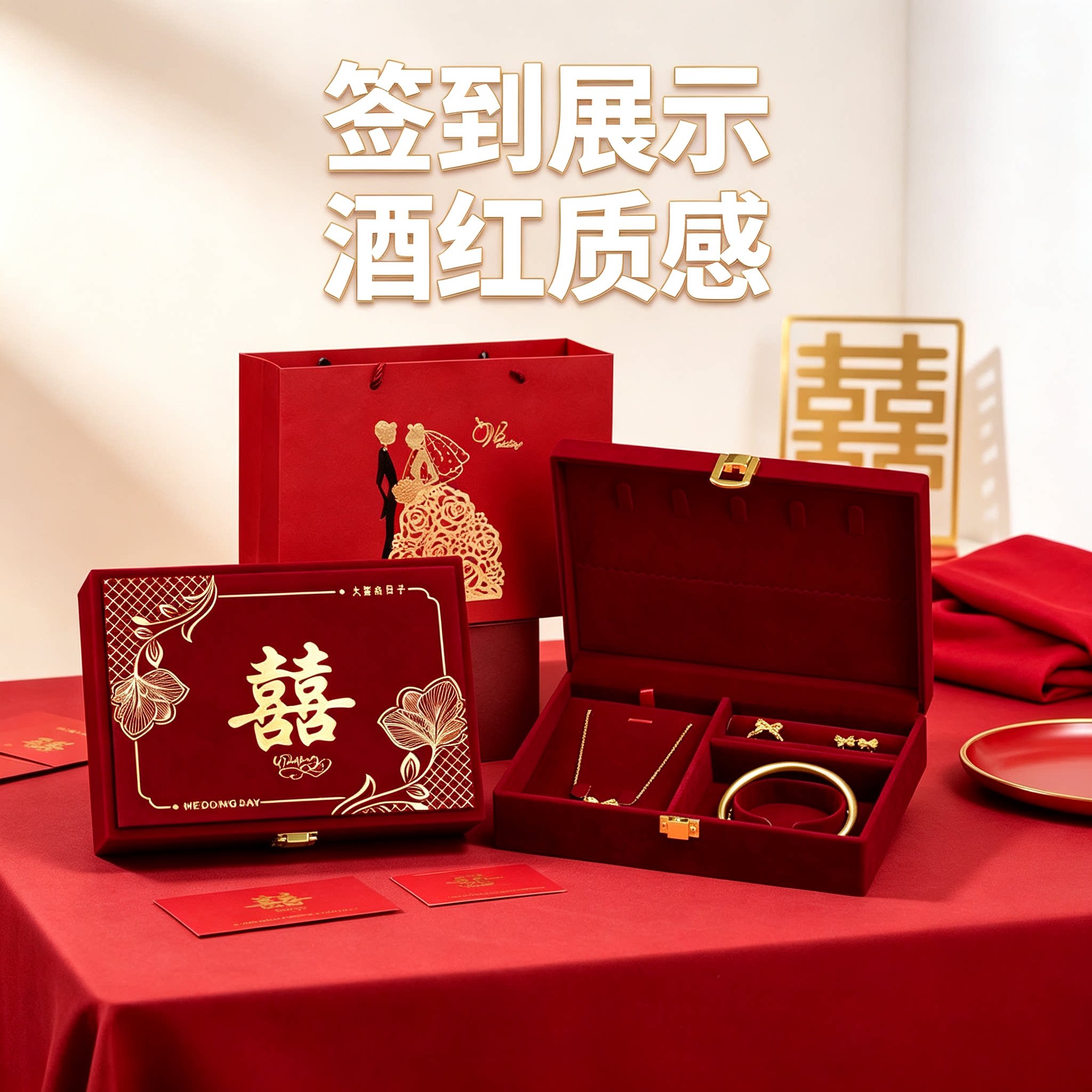 酒红黄金首饰盒放项链男方金器订婚结婚彩礼钱盒子质感三金盒