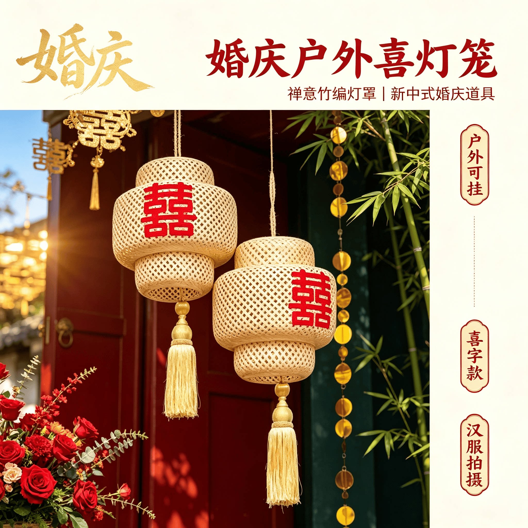 婚庆户外灯笼禅意喜字竹编灯笼