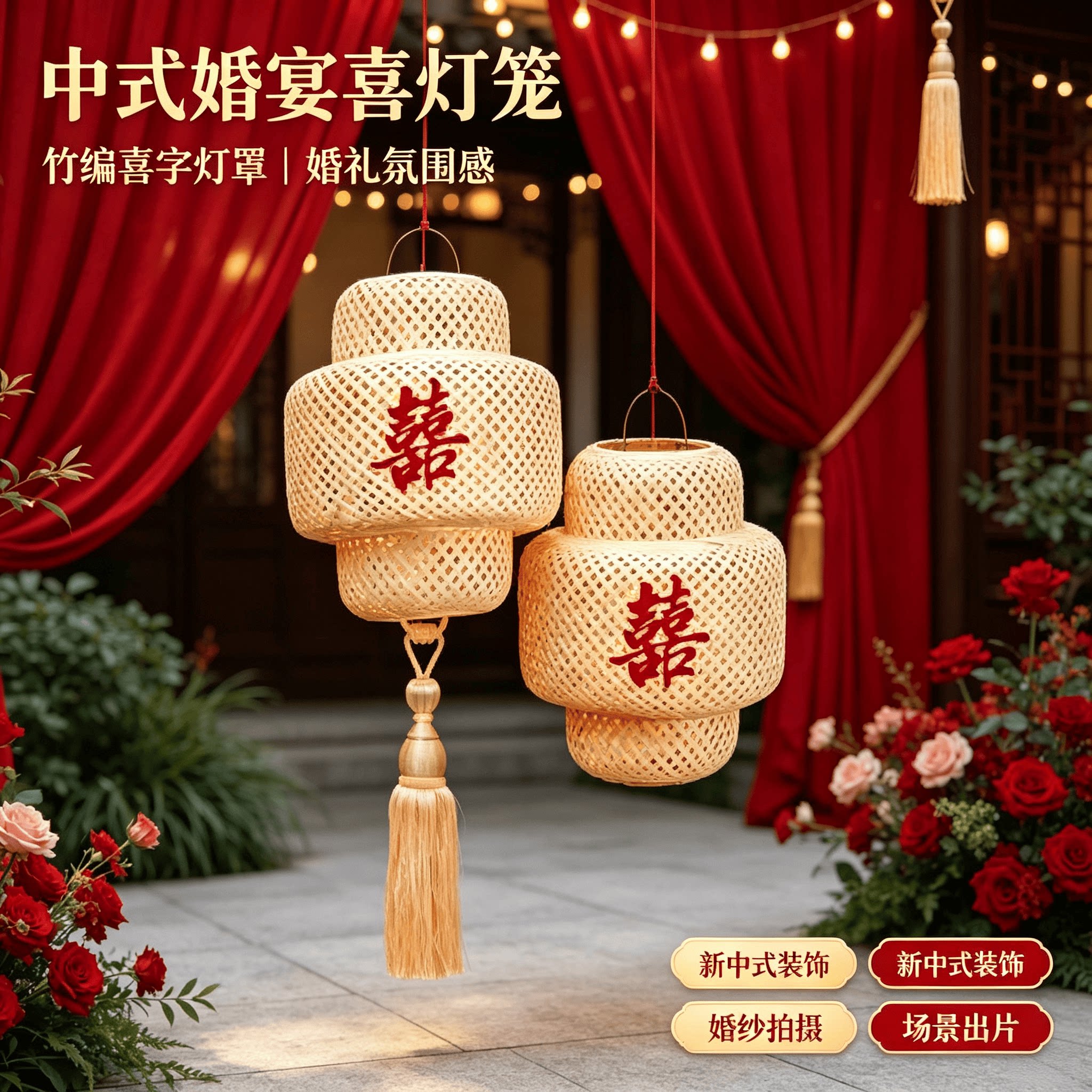 婚庆中式灯笼禅意喜字竹编灯笼