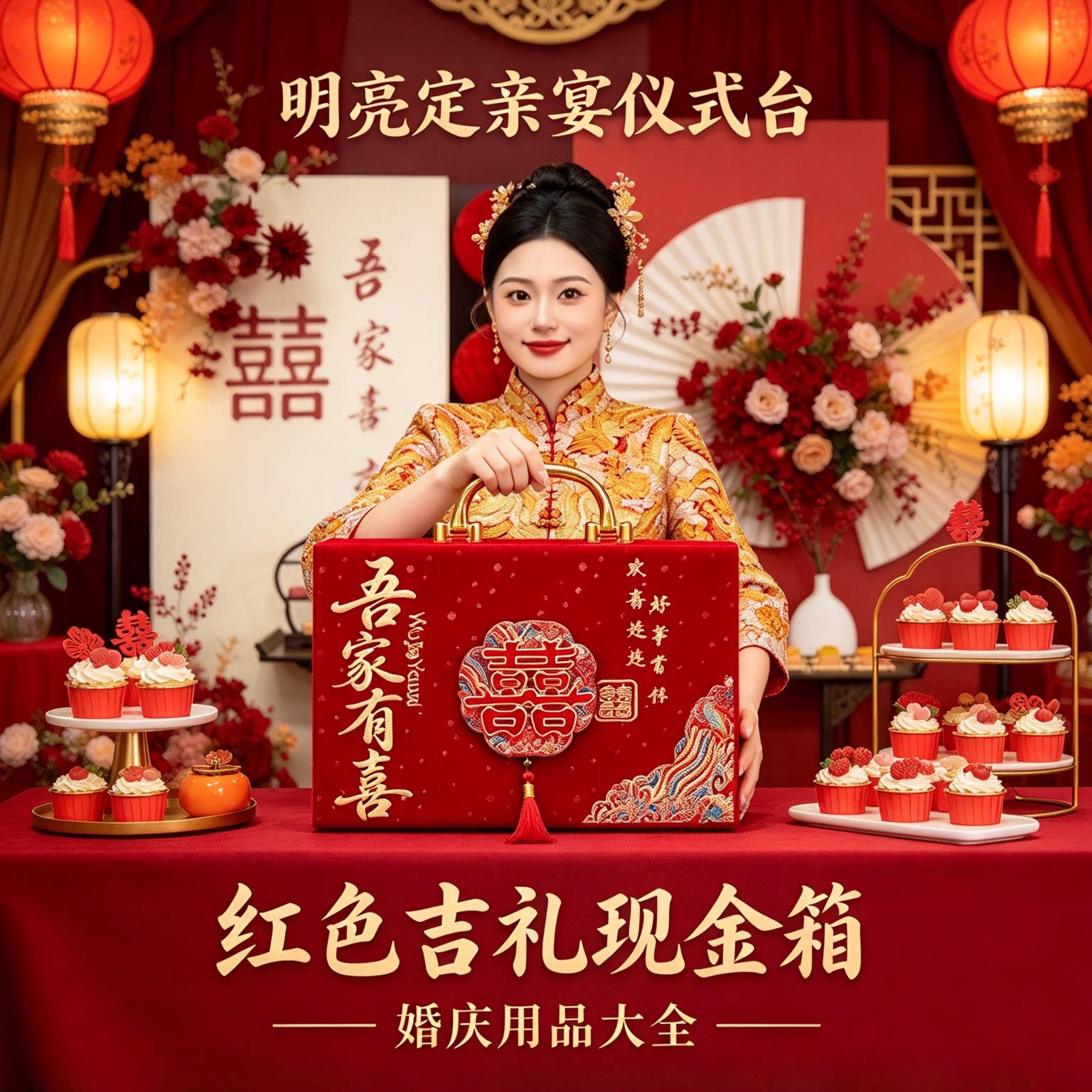 结婚彩礼箱礼金盒十六万八2026年新款四件套定亲宴红色吉礼现金箱