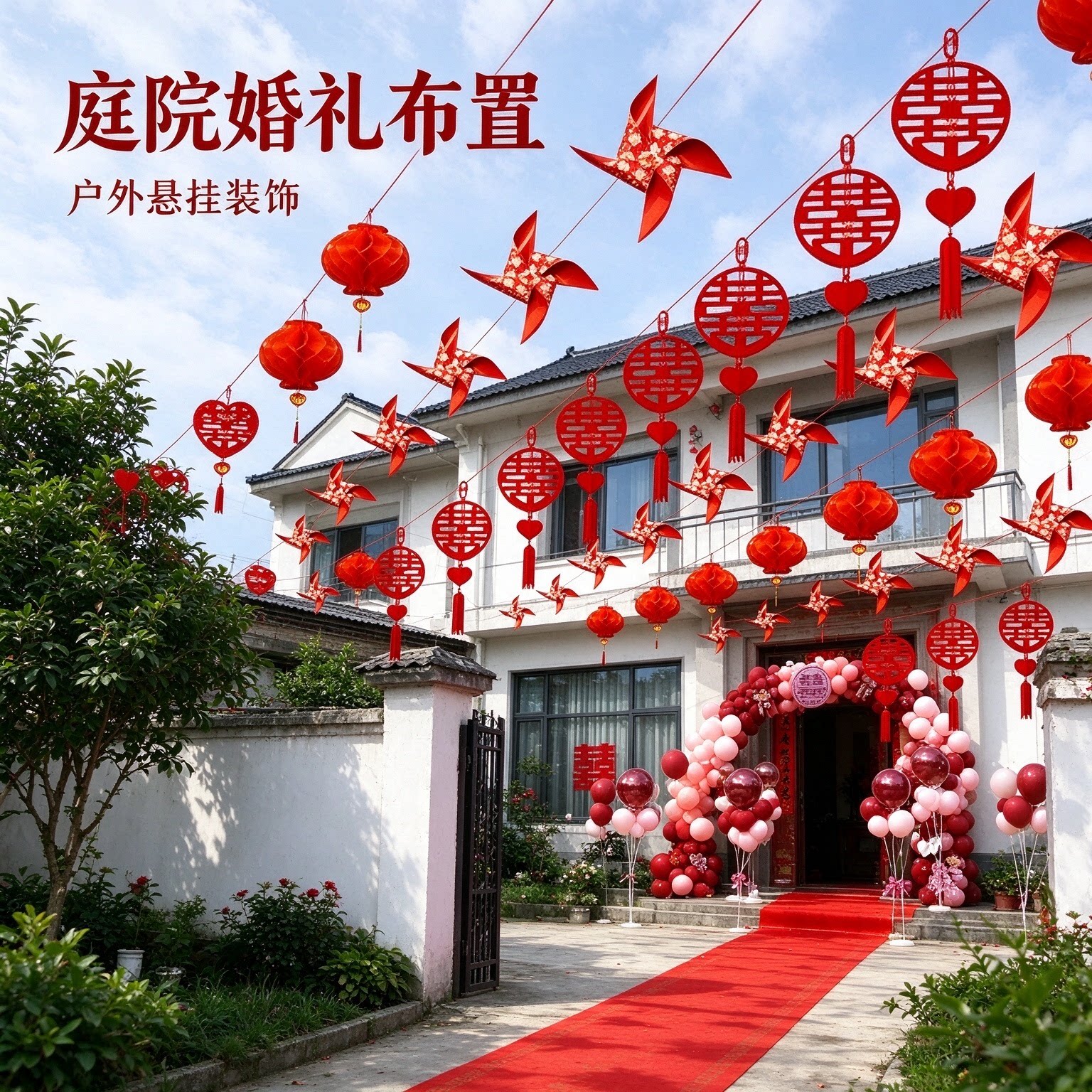 灯笼装饰院子婚庆装饰彩旗灯笼婚礼农村风车布置婚房喜字拉花结婚