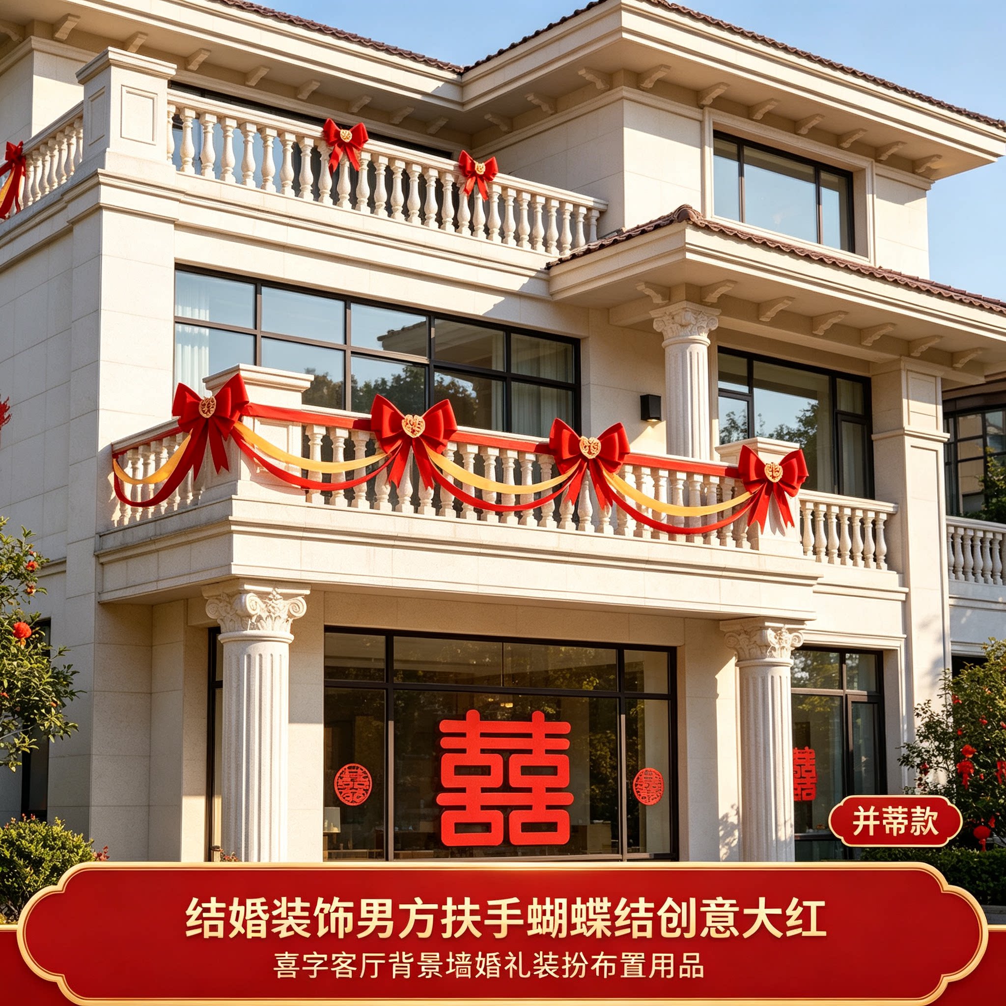 结婚装饰男方扶手蝴蝶结创意大红喜字客厅背景墙婚礼装扮布置用品