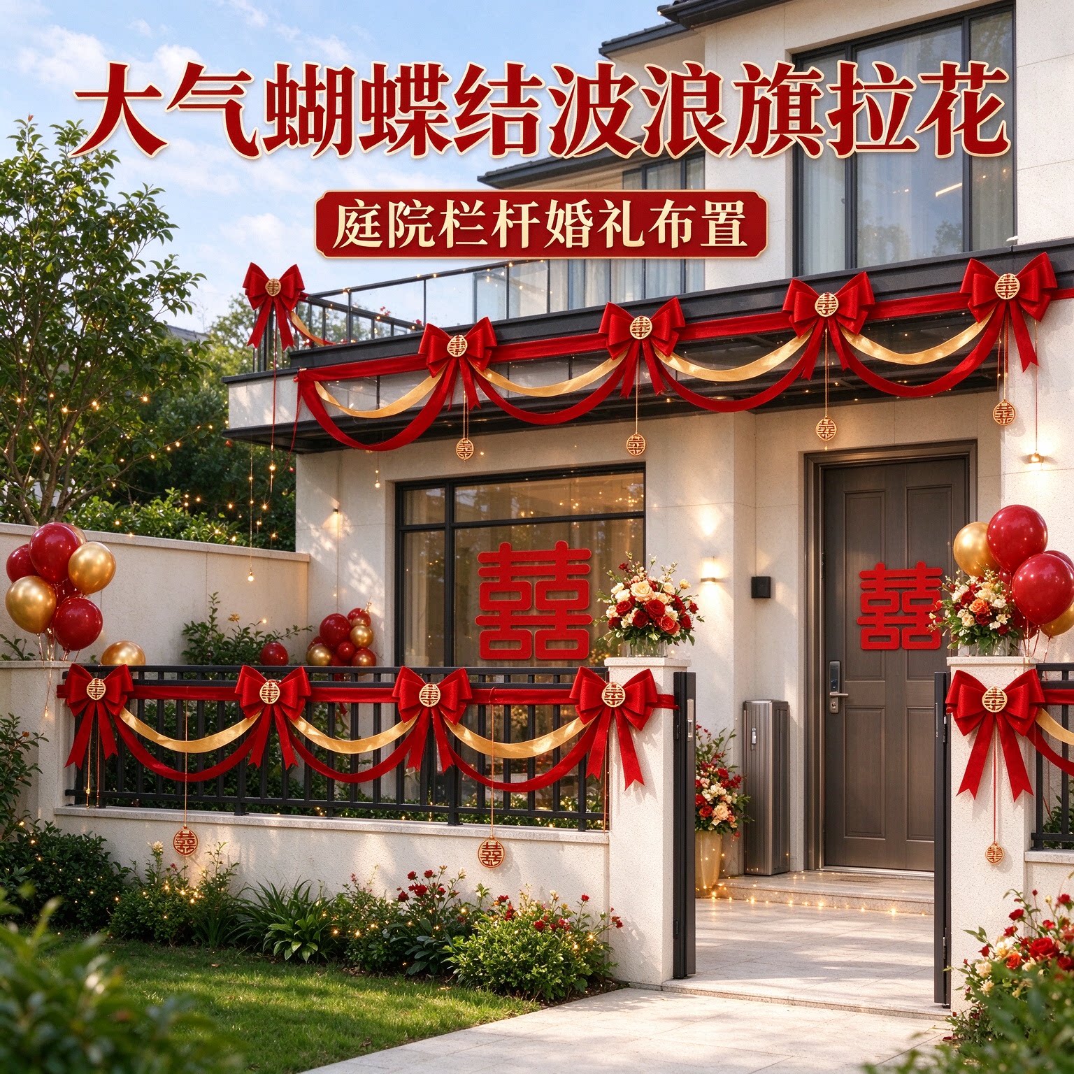 波浪旗女方楼梯长条喜字大气蝴蝶结房顶吊顶婚庆装饰婚礼场景布置