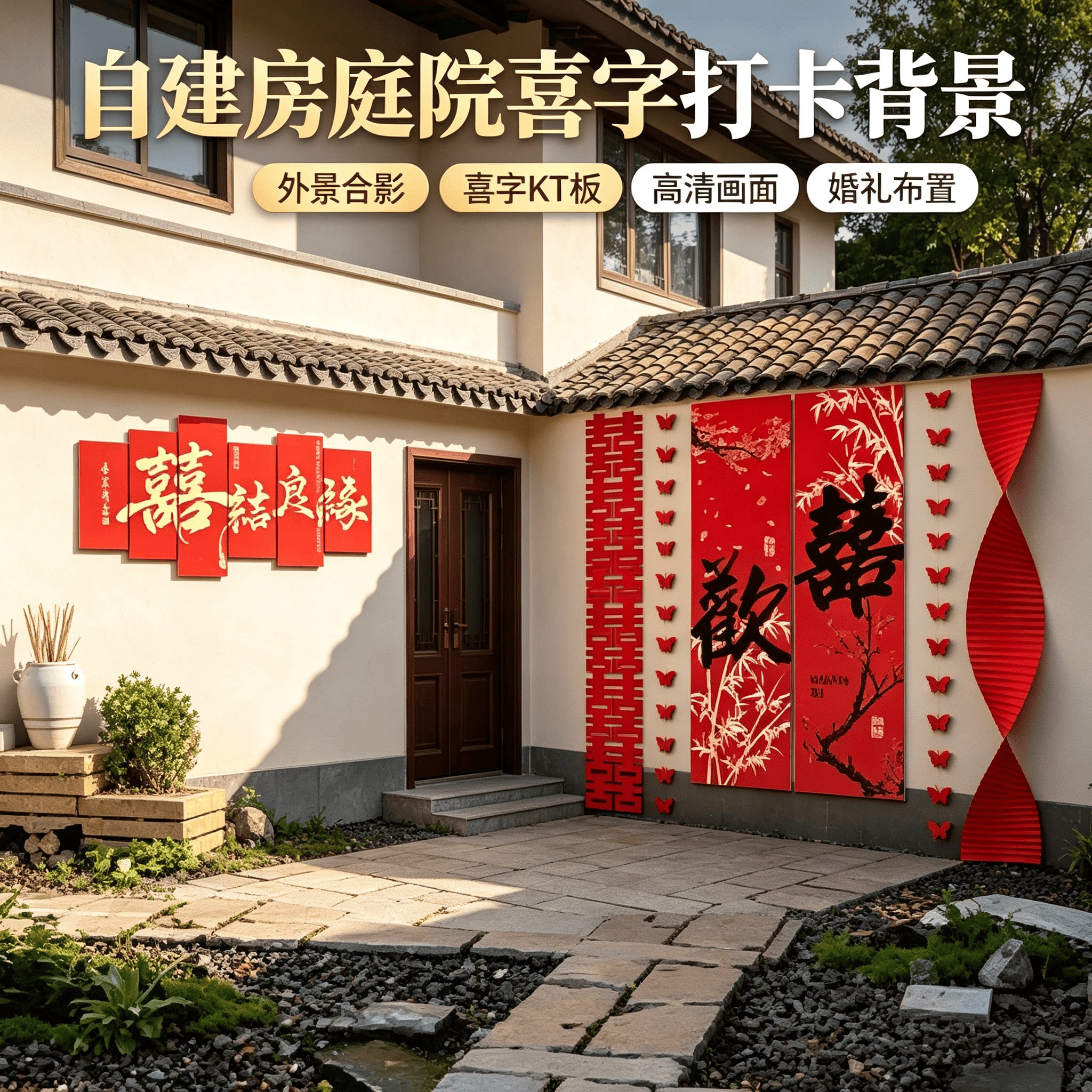 农村外景合影专用婚礼布置自建房庭院高清喜字KT板打卡背景