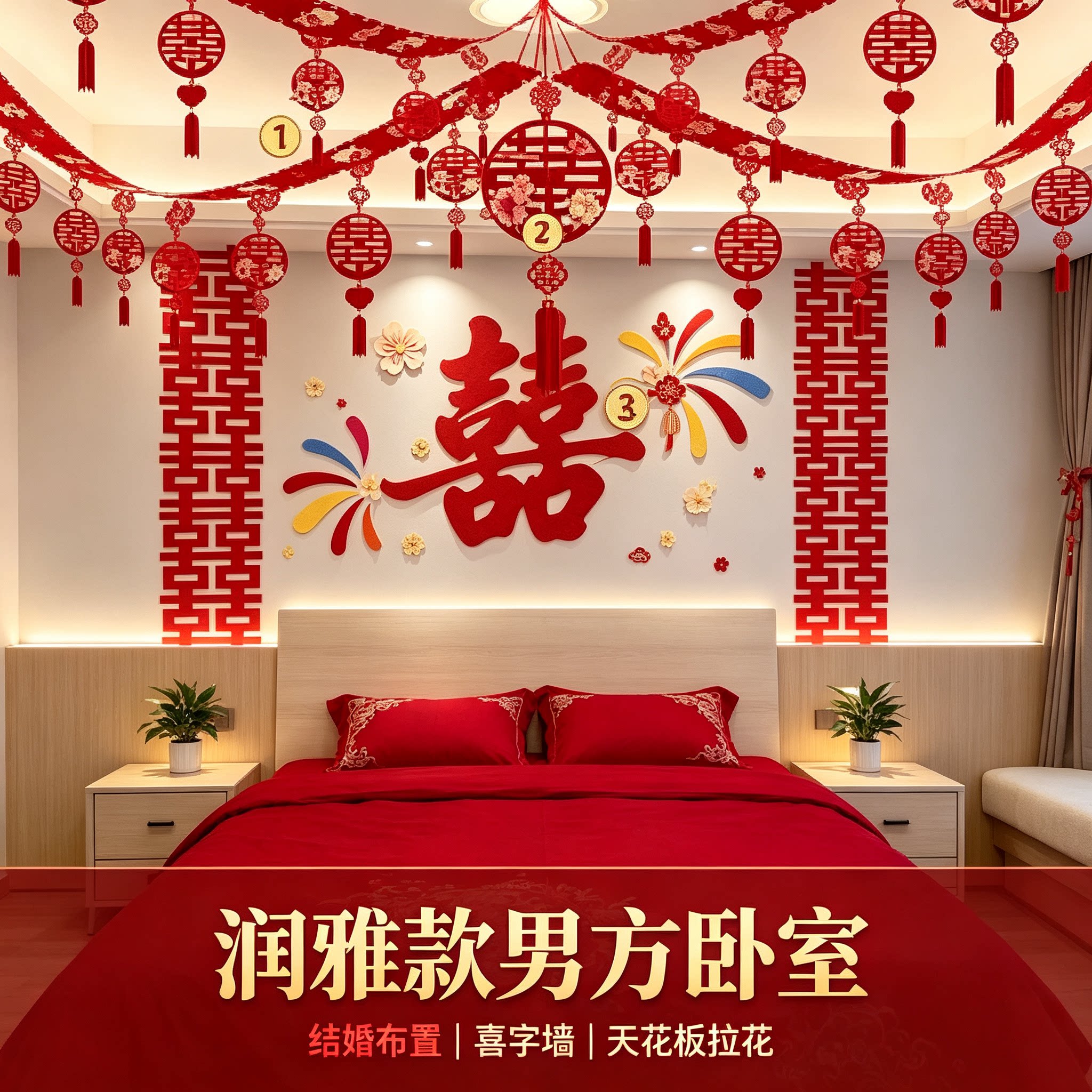 结婚礼床头加天花板卧室喜字背景墙男女方婚房氛围感布置装饰