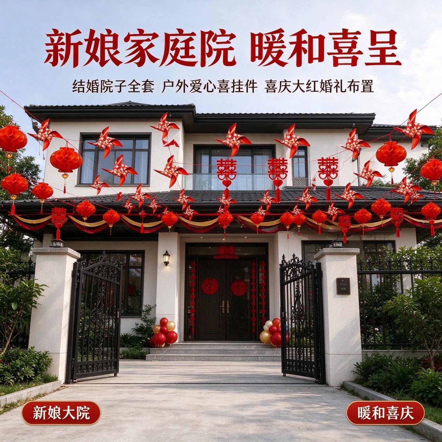 院子全套新娘家庭院户外爱心喜挂件喜庆大红婚礼布置装饰