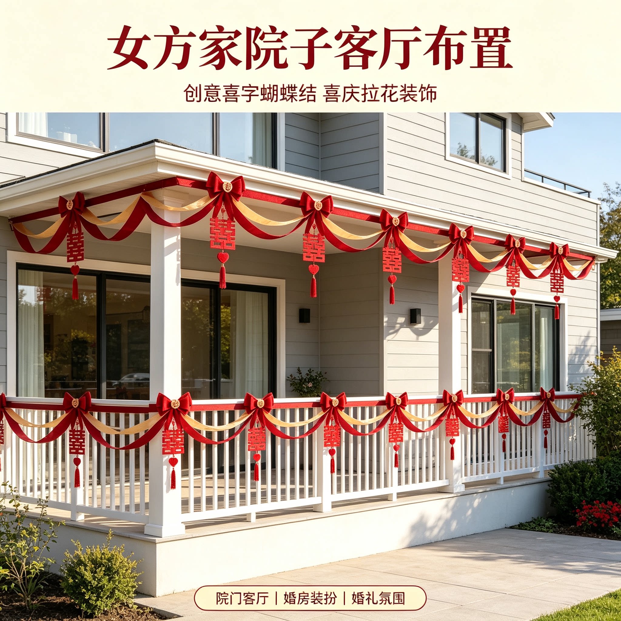 婚房拉花出嫁院门蝴蝶结创意新款喜字客厅背景墙婚礼装扮布置用品