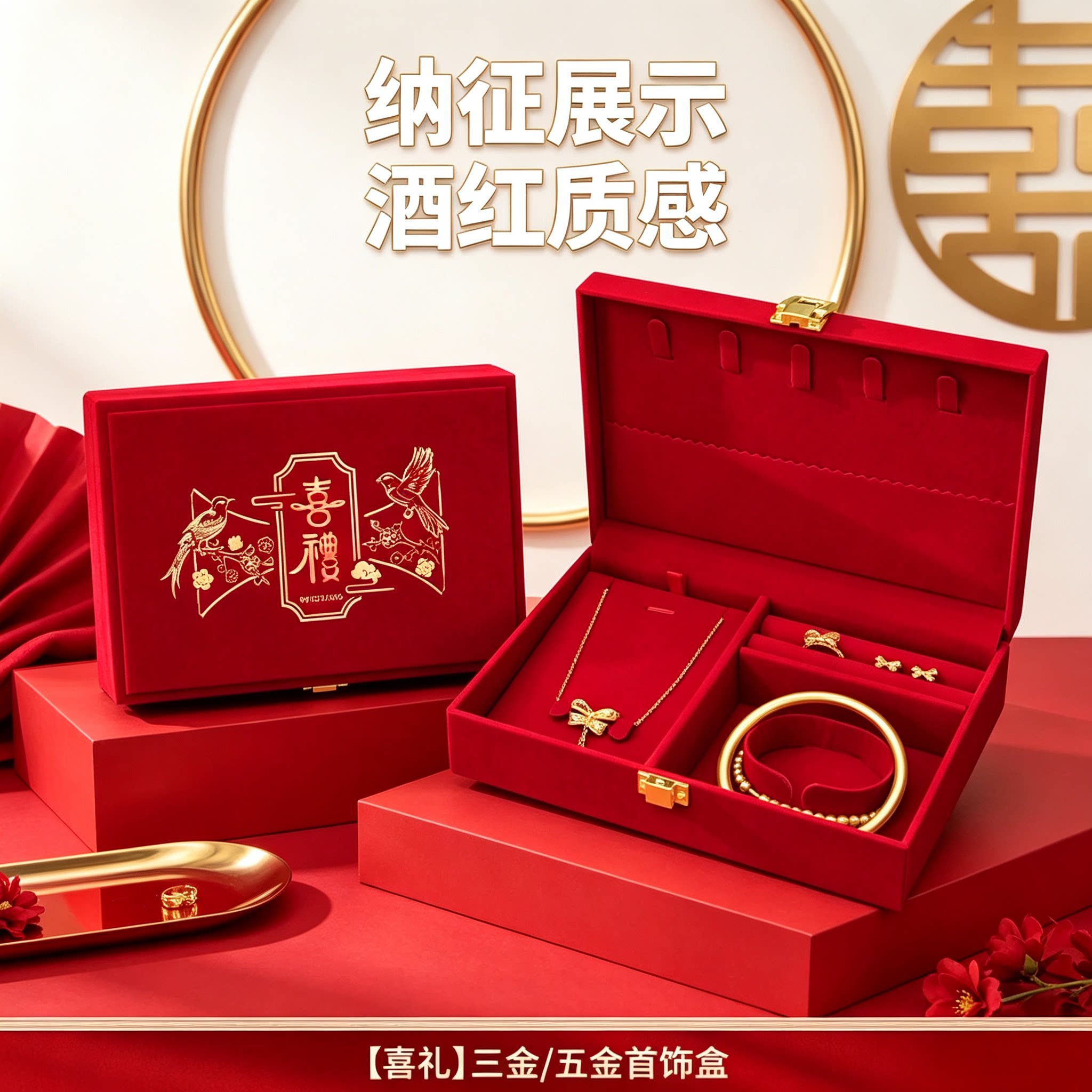 酒红黄金首饰盒纳征用男方金器订婚结婚彩礼钱盒子质感五金盒