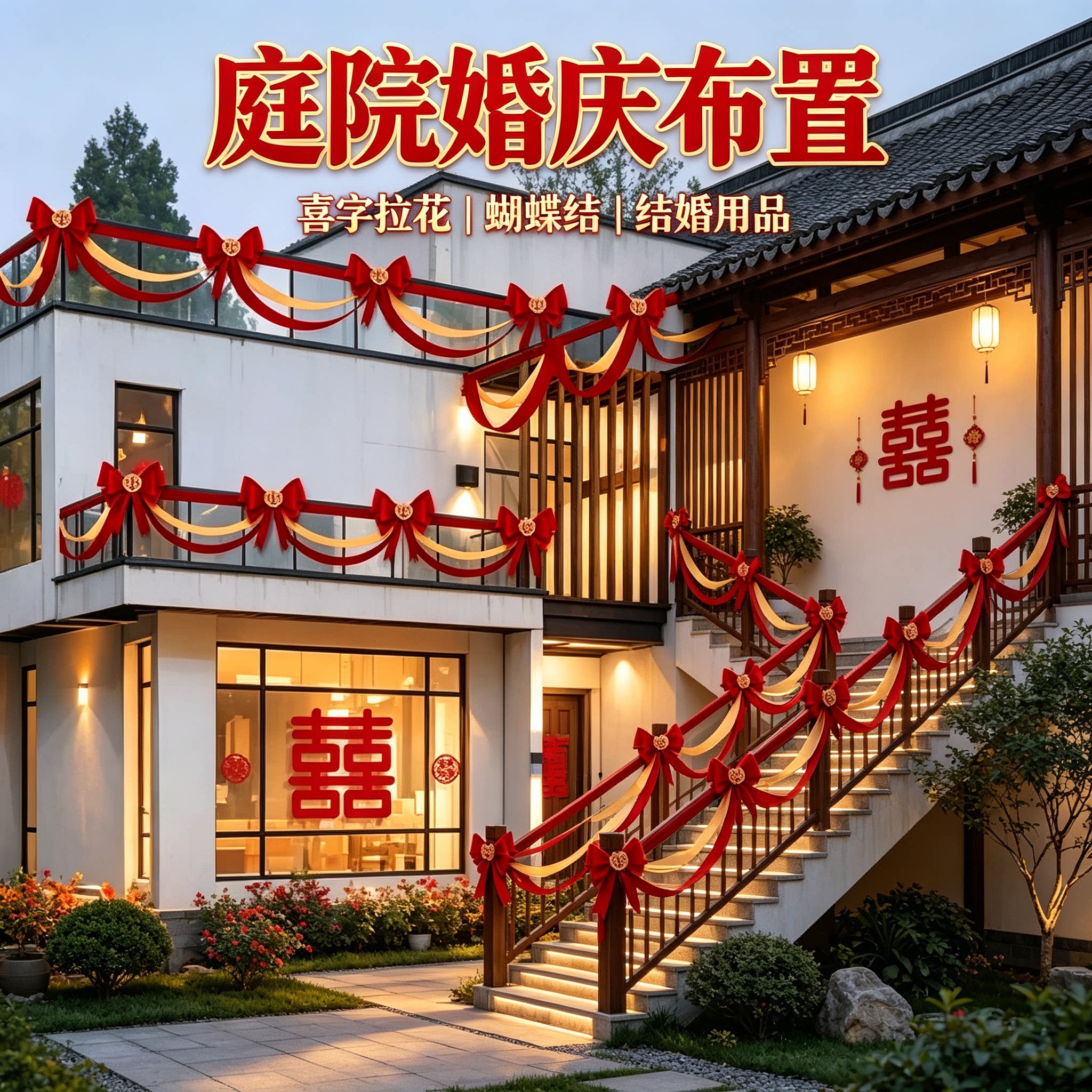 结婚拉花女方背景墙蝴蝶结喜庆新款喜字酒店婚房婚庆装饰布置用品
