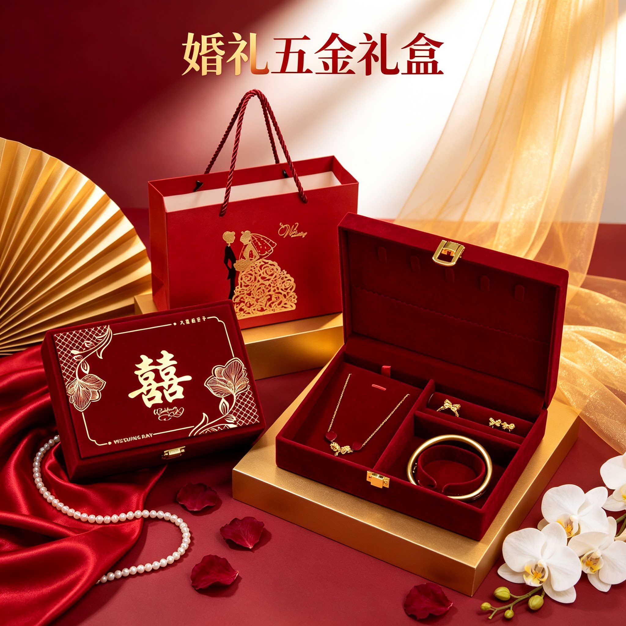 酒红黄金首饰盒配手提袋男方金器订婚结婚彩礼钱盒子婚礼五金盒