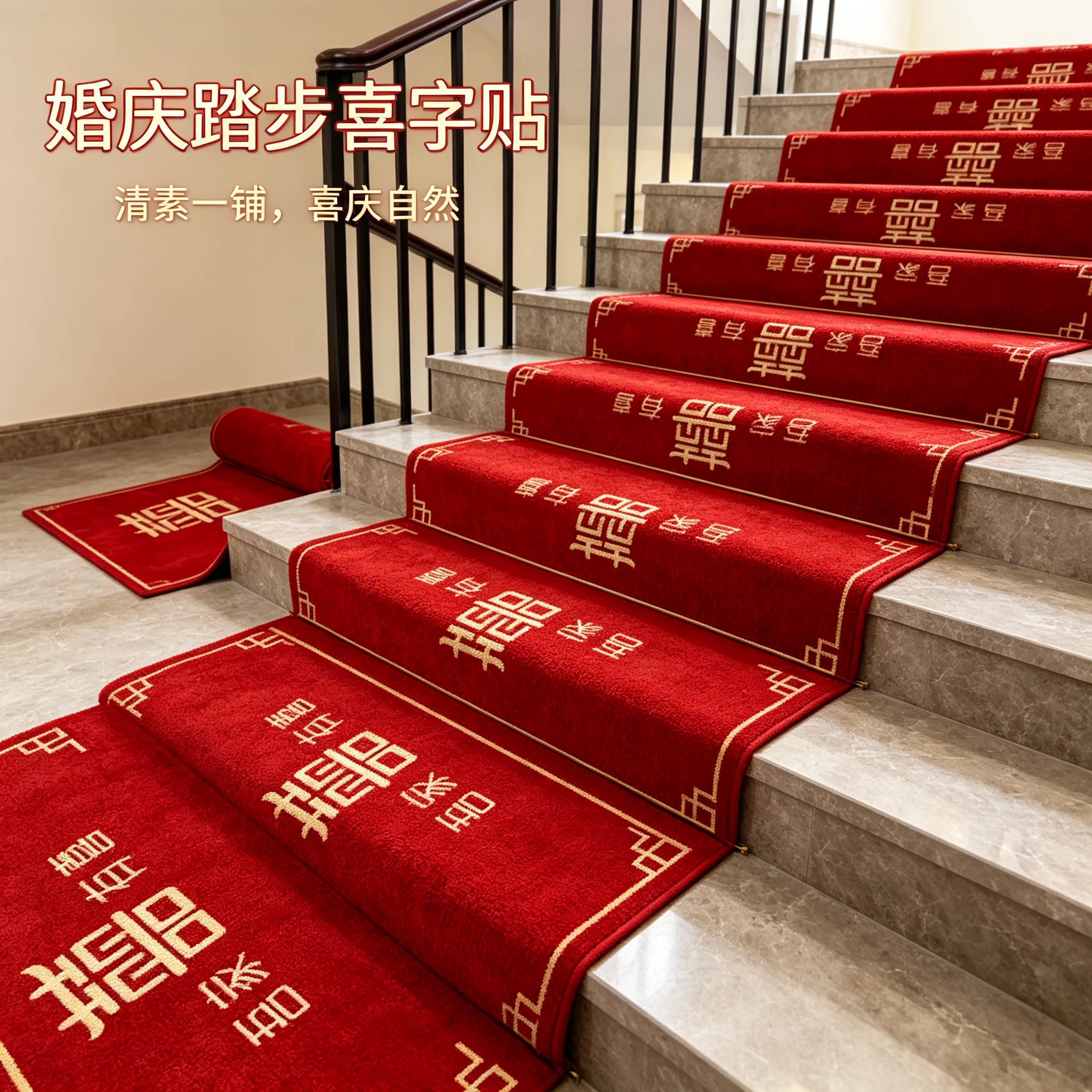 婚庆台阶地毯装饰结婚男方婚礼扶手楼梯喜字贴地垫婚房布置踏步