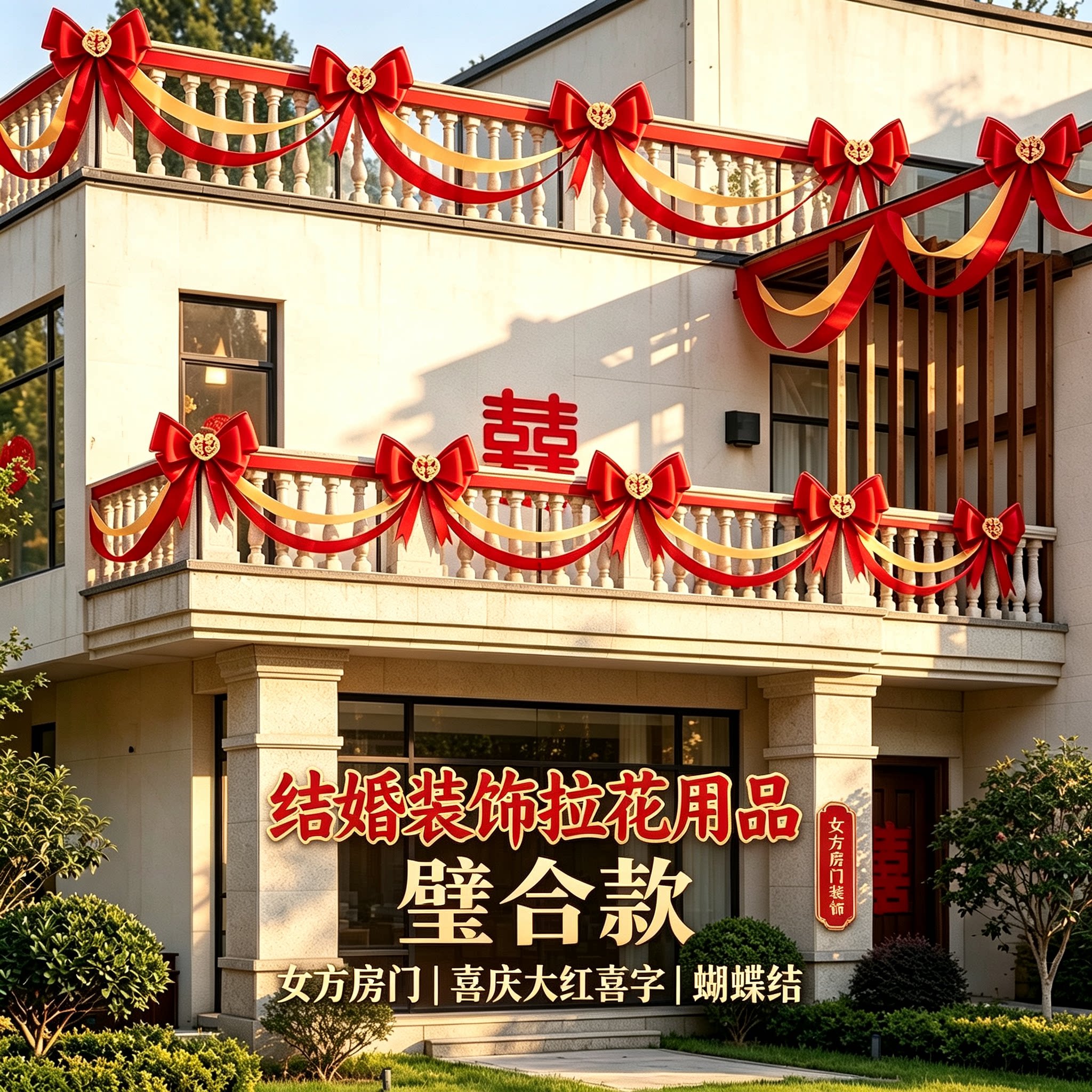 结婚装饰女方房门蝴蝶结喜庆大红喜字沙发背景墙婚礼装扮拉花用品