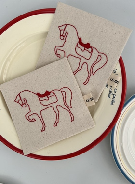 Le serein原创设计高级感马年红色小马刺绣方形杯垫棉隔热垫餐垫