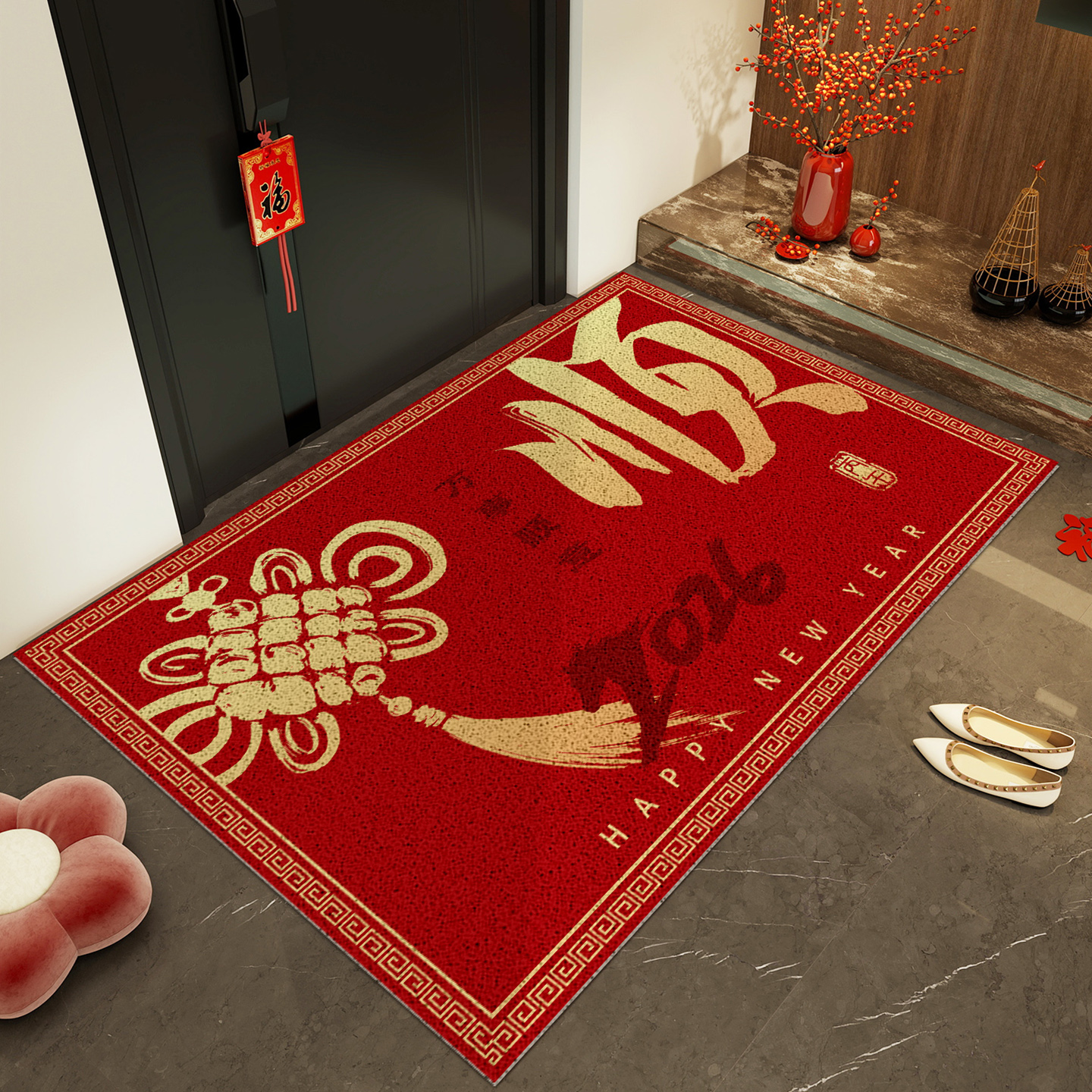 红色入户地垫防滑中式顺字祥云纹