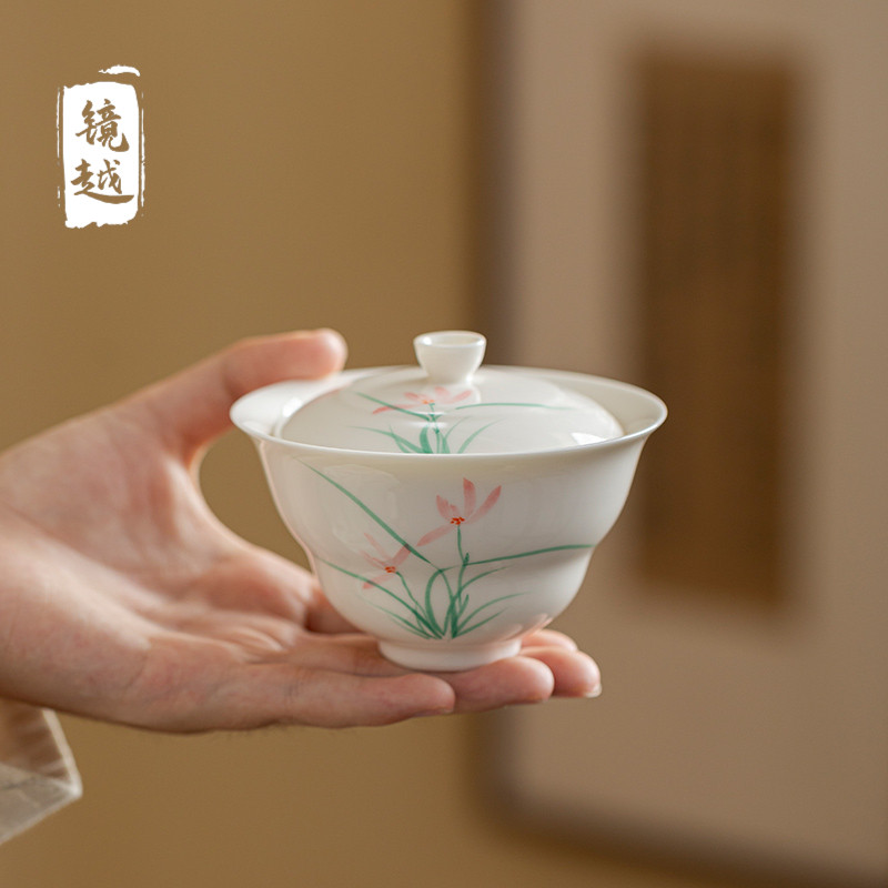 镜越白瓷手绘红花三才盖碗家用不烫手泡茶器带盖新中式功夫茶具