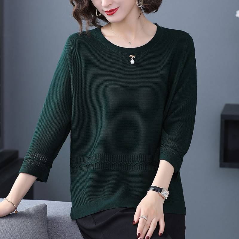 妈妈早秋装冰丝针织衫七分袖宽松上衣中老年女加肥加大码Tt恤洋气