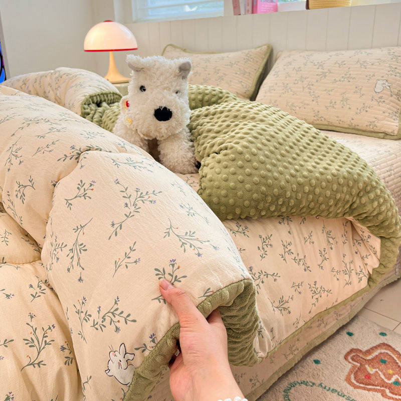 韩式卡通双层纱豆豆绒被子被芯加厚春秋被单双人棉被宿舍保暖冬被