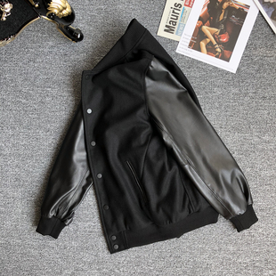 皮衣 上衣百搭潮款 新品 休闲棒球服夹克外套男春秋毛呢拼接真皮皮袖