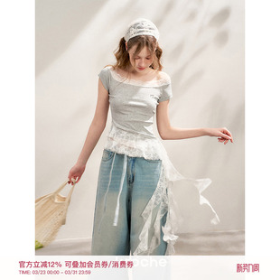 棉质不对称荷叶边一字领短袖 蕾丝拼接 T恤 Kroche 卢昱晓同款