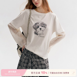天丝棉镂空刺绣拼接长袖 卢昱晓同款 手绘狗狗 25aw T恤 Kroche